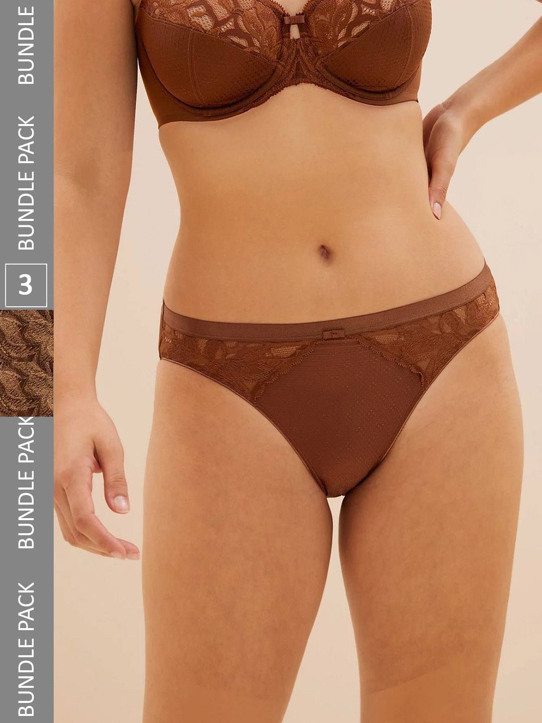 

Marks & Spencer Pack Of 3 Lace Self Design Mid-Rise Basic Briefs, Brown