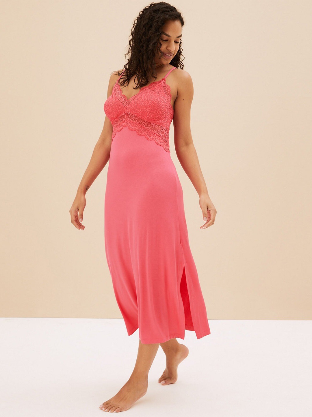 

Marks & Spencer V Neck Lace Up Detail Nightdress, Pink