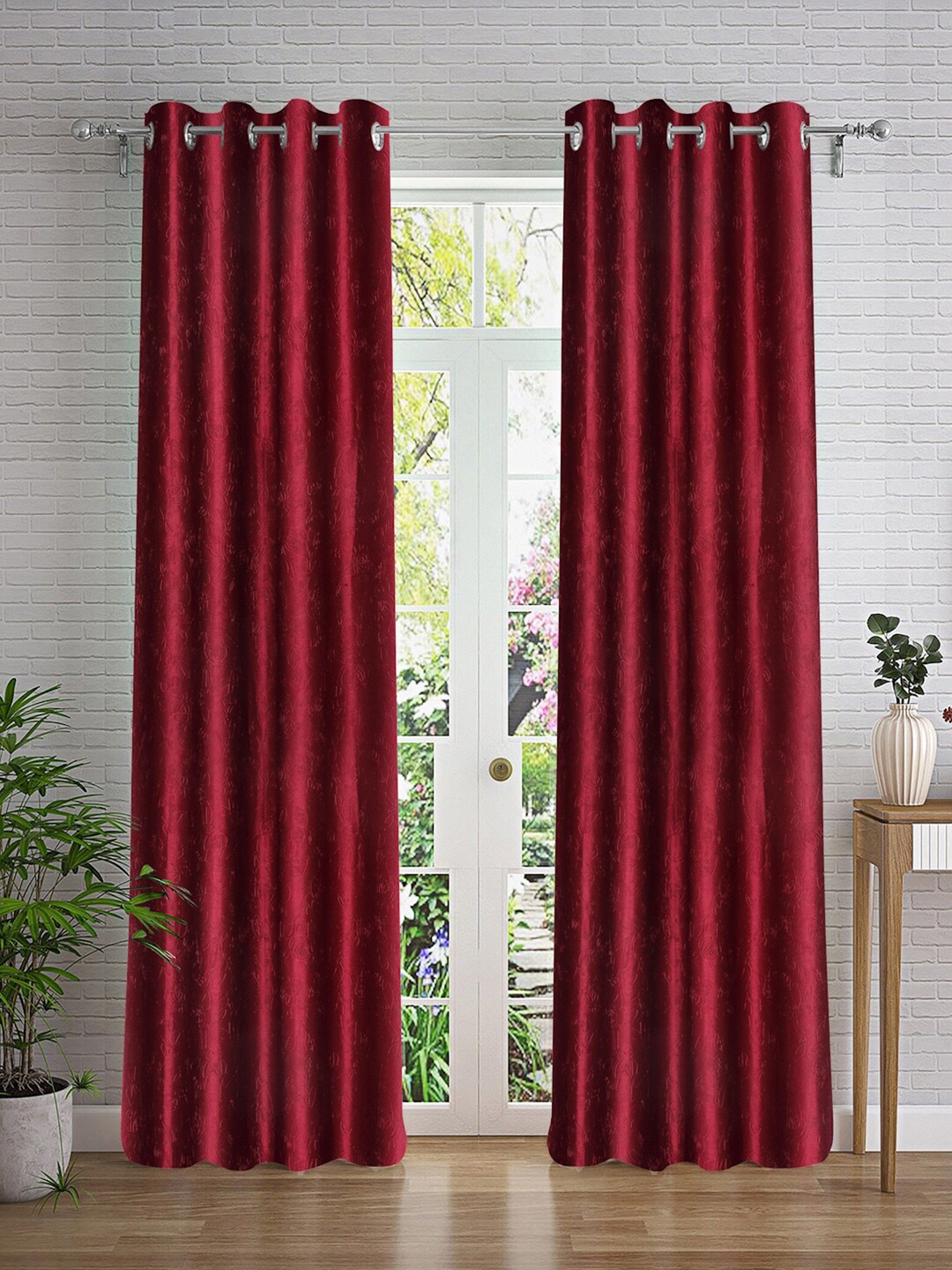 

Cortina Maroon & Silver-Toned 2 Pieces Floral Printed Long Door Curtains