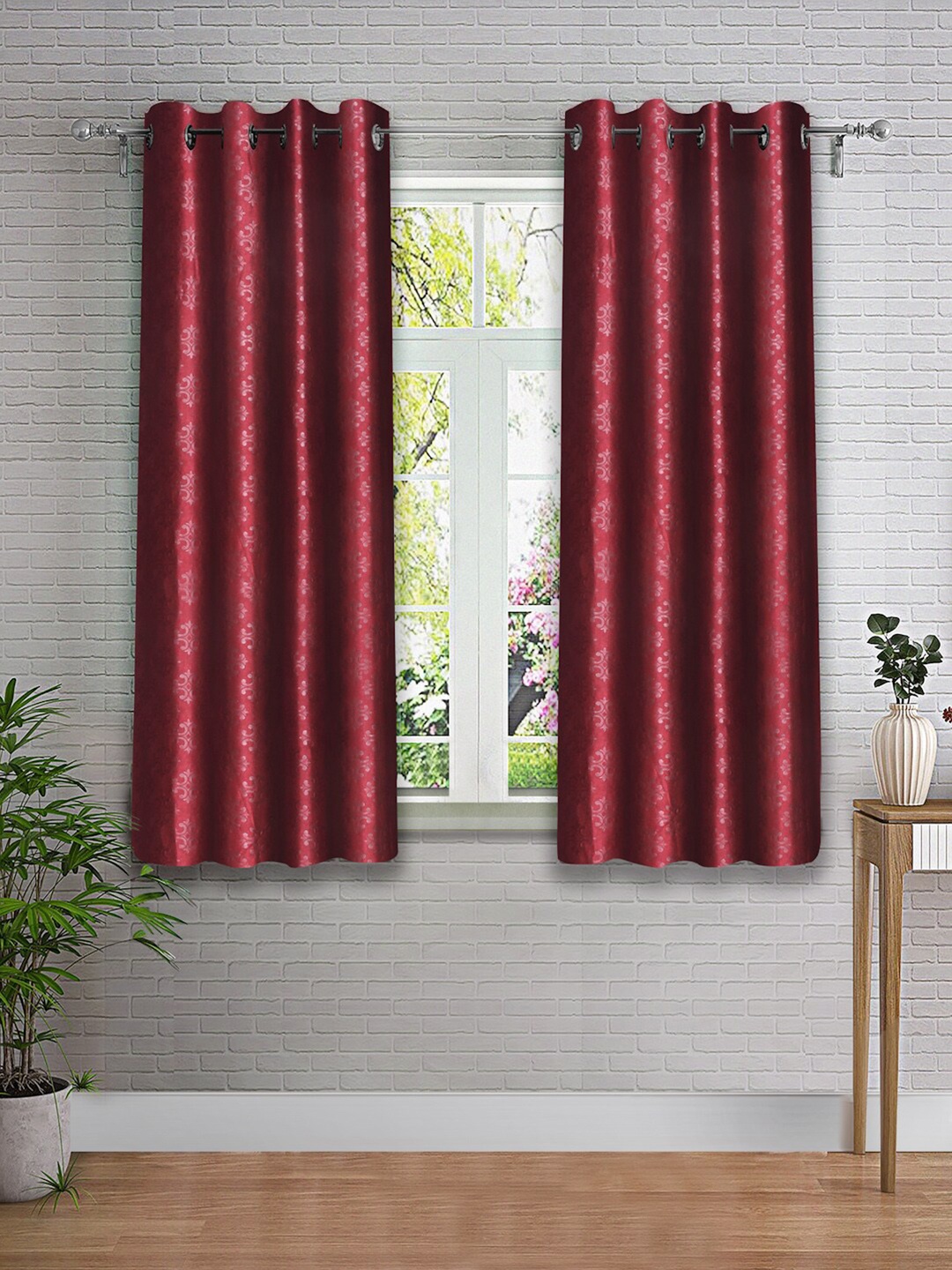 

Cortina Maroon & Silver-Toned 2 Pieces Self Design Window Curtain