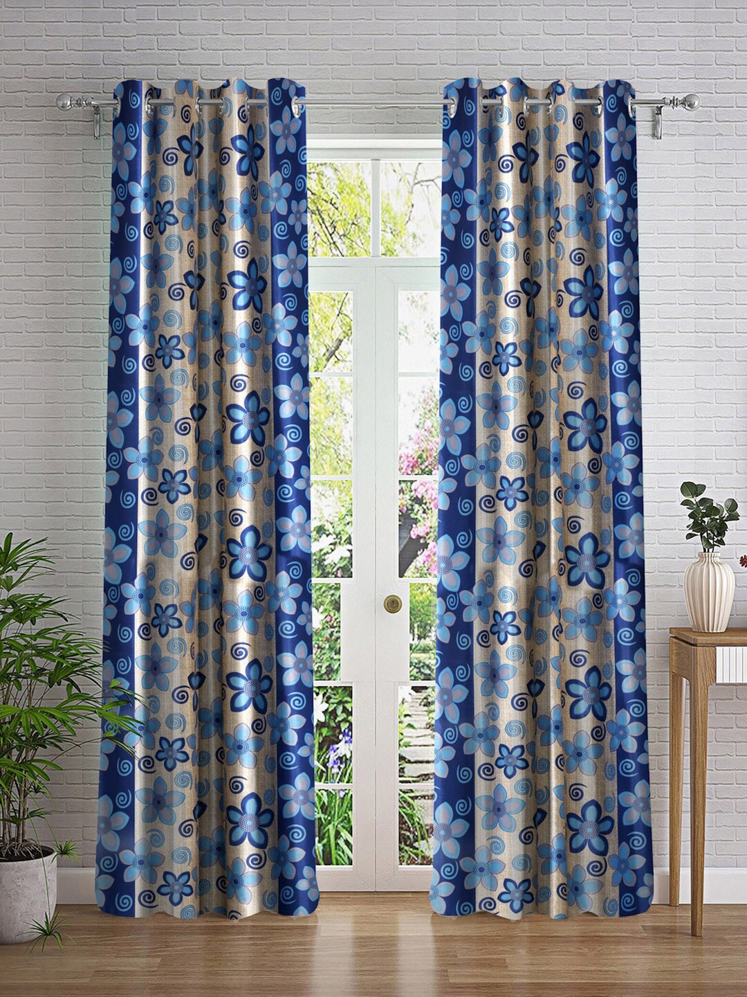 

Cortina Blue & Cream-Coloured 2 Pieces Floral Printed Long Door Curtains