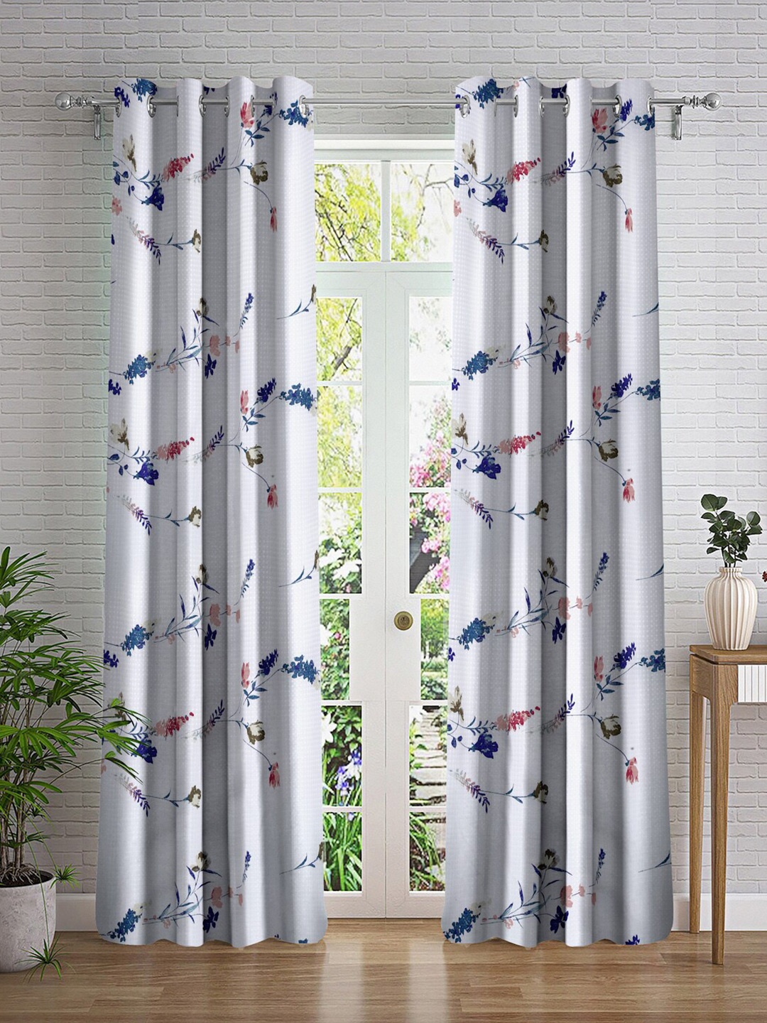 

Cortina White & Blue 2 Pieces Floral Print Sheer Door Curtain