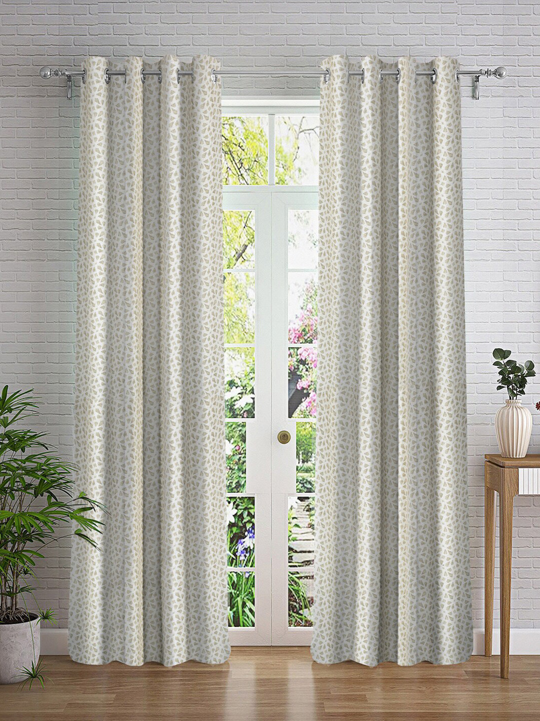 

Cortina White & Brown 2 Pieces Geometric Printed Sheer Long Door Curtains