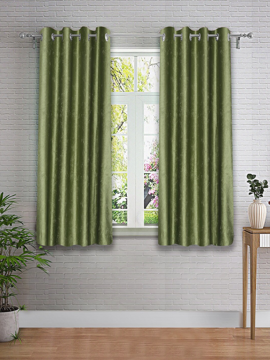 

Cortina Olive Green 2 Pieces Floral Window Curtain