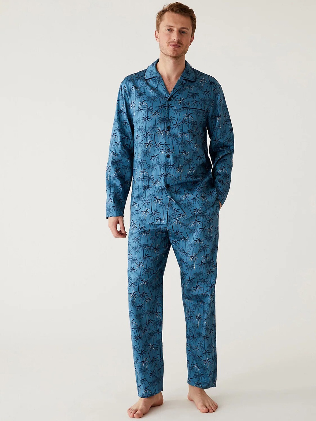 

Marks & Spencer Tropical Printed Pure Cotton Night Suit, Blue