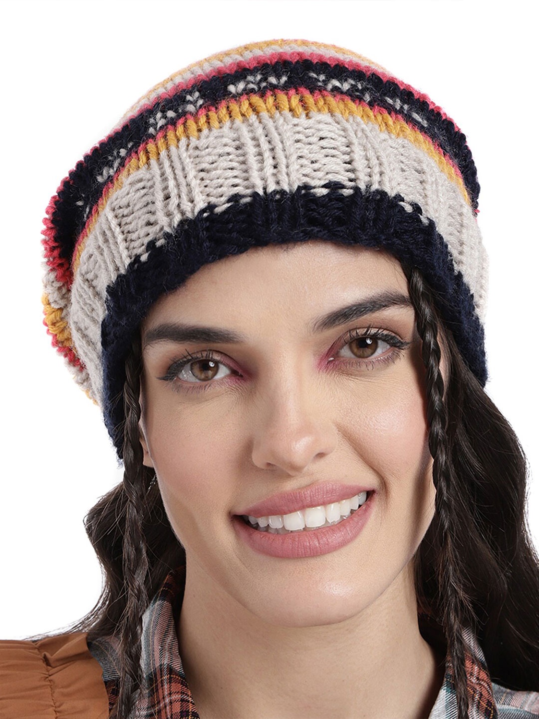 

Magic Needles Women Striped Acrylic Beanie, Pink