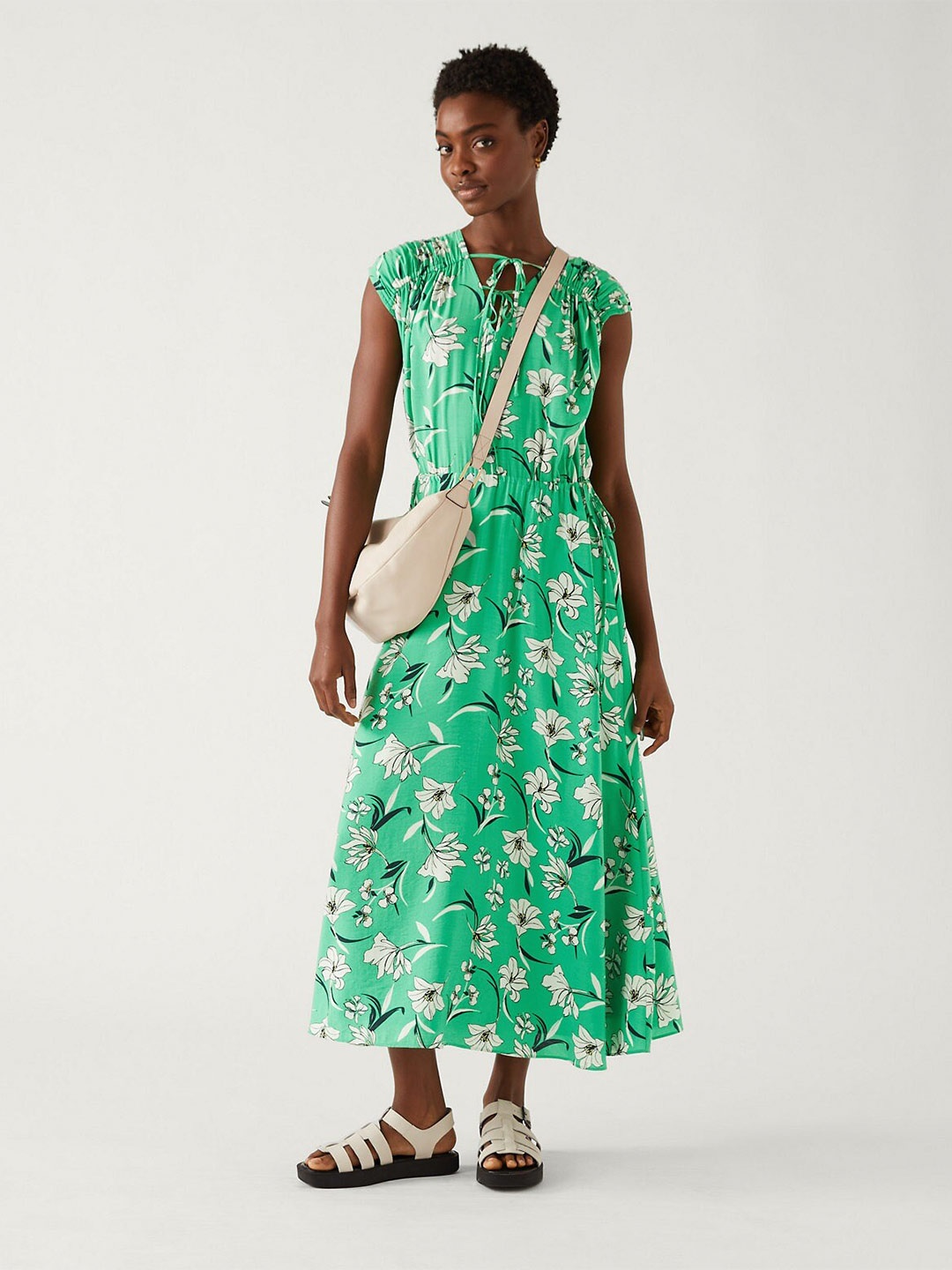 

Marks & Spencer Tie Up Neck Floral Printed Ruched A-Line Maxi Dress, Green