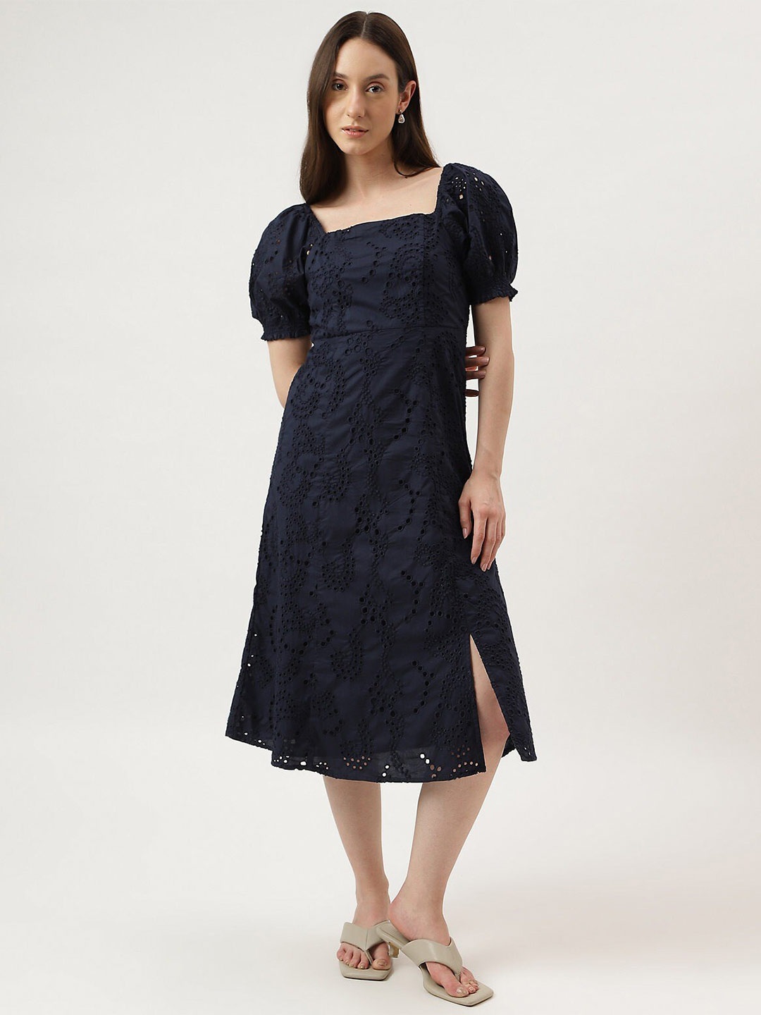 

Marks & Spencer Self Design Schiffli Puff Sleeves Pure Cotton Fit & Flare Midi Dress, Navy blue