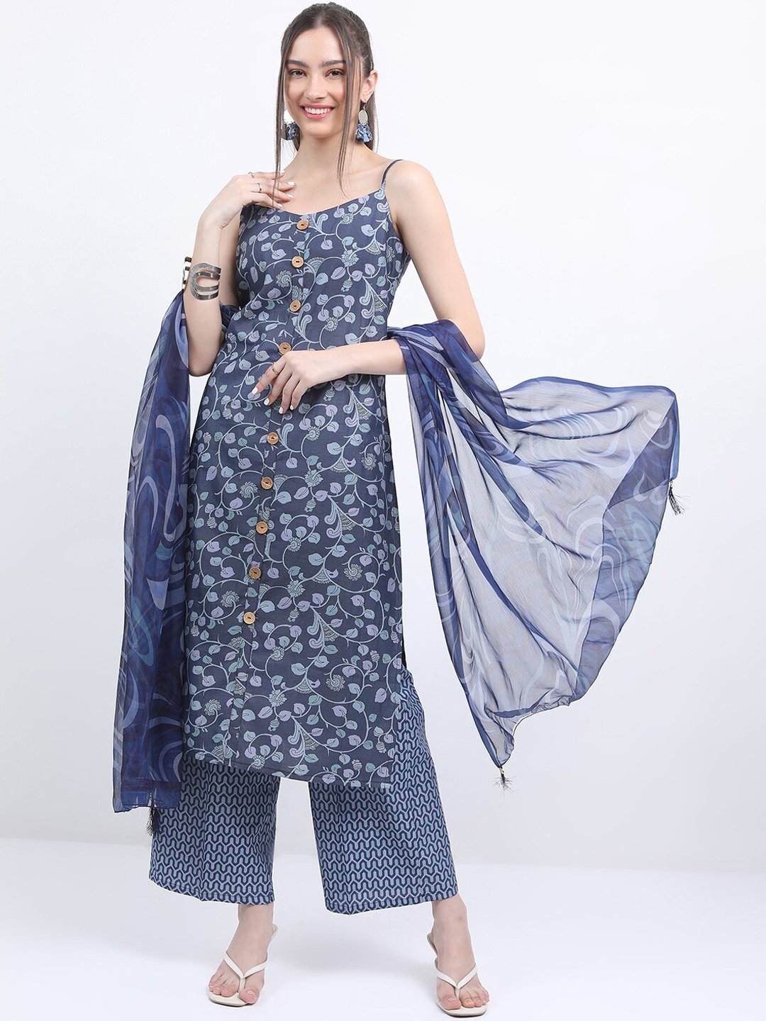 

KETCH Floral Printed Shoulder Straps Kurta With Palazzos & Dupatta, Blue