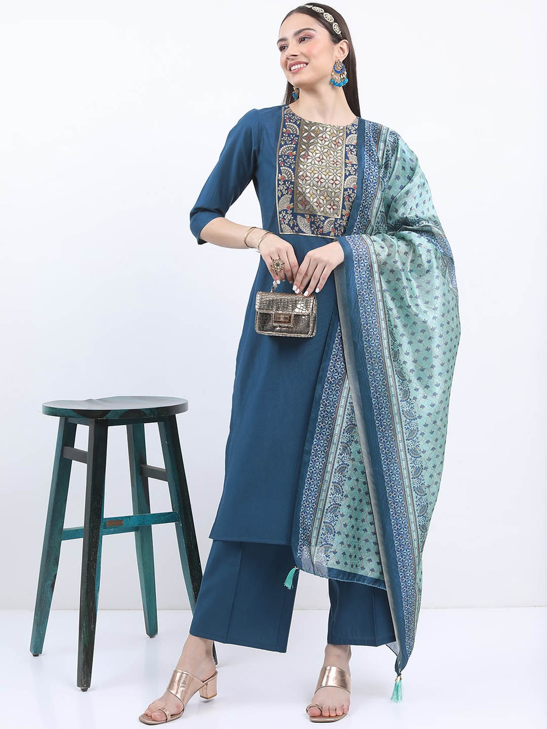 

KETCH Ethnic Motifs Yoke Design Kurta With Palazzos & Dupatta, Blue