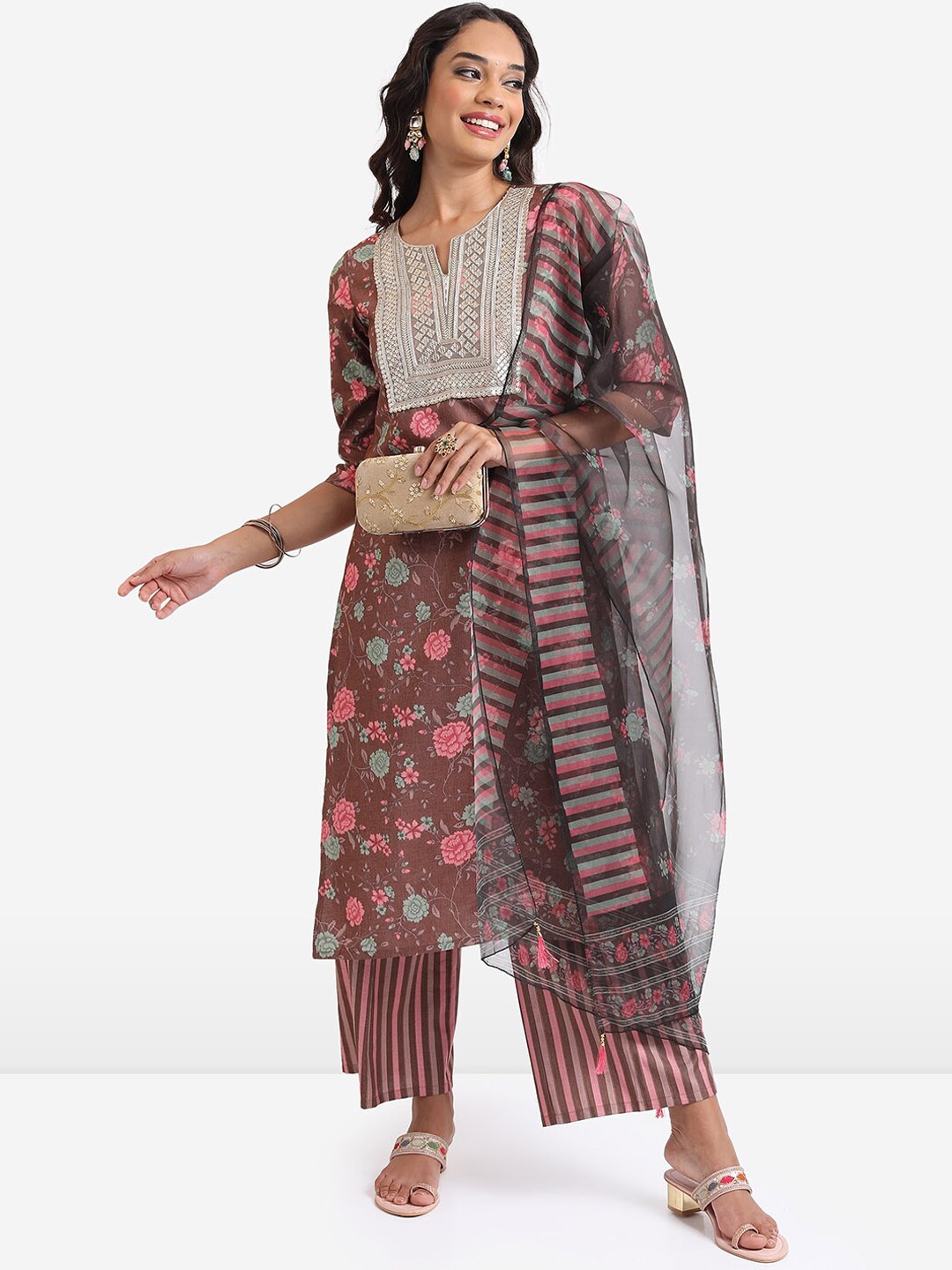

KETCH Floral Printed Thread Work Kurta with Palazzos & Dupatta, Brown