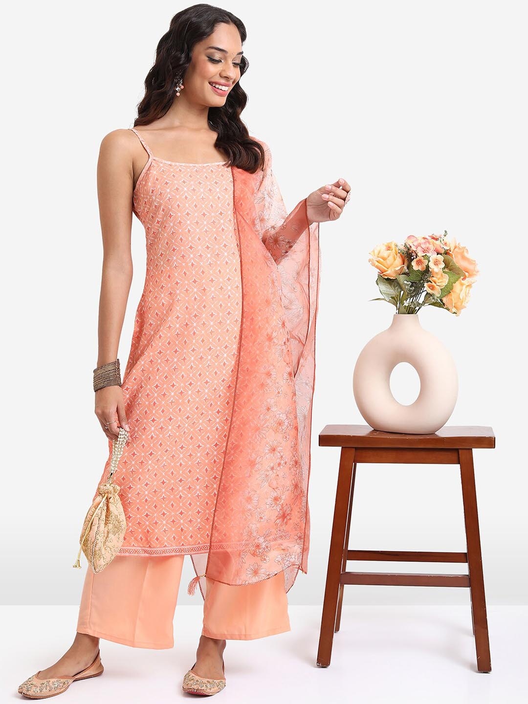 

KETCH Ethnic Motifs Printed Kurta with Palazzos & Dupatta, Peach