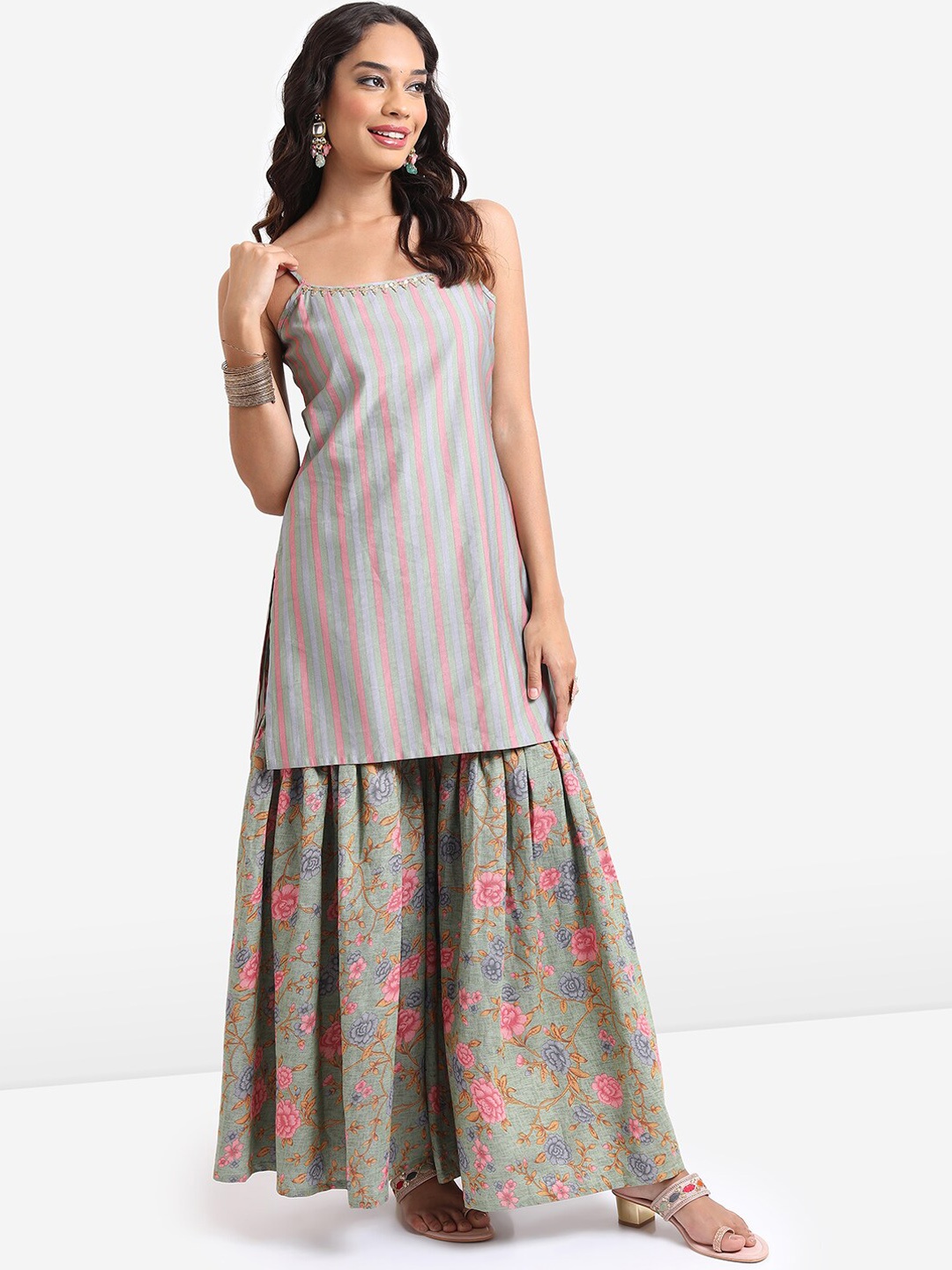 

KETCH Striped Shoulder Strap Kurti With Sharara & Dupatta, Green