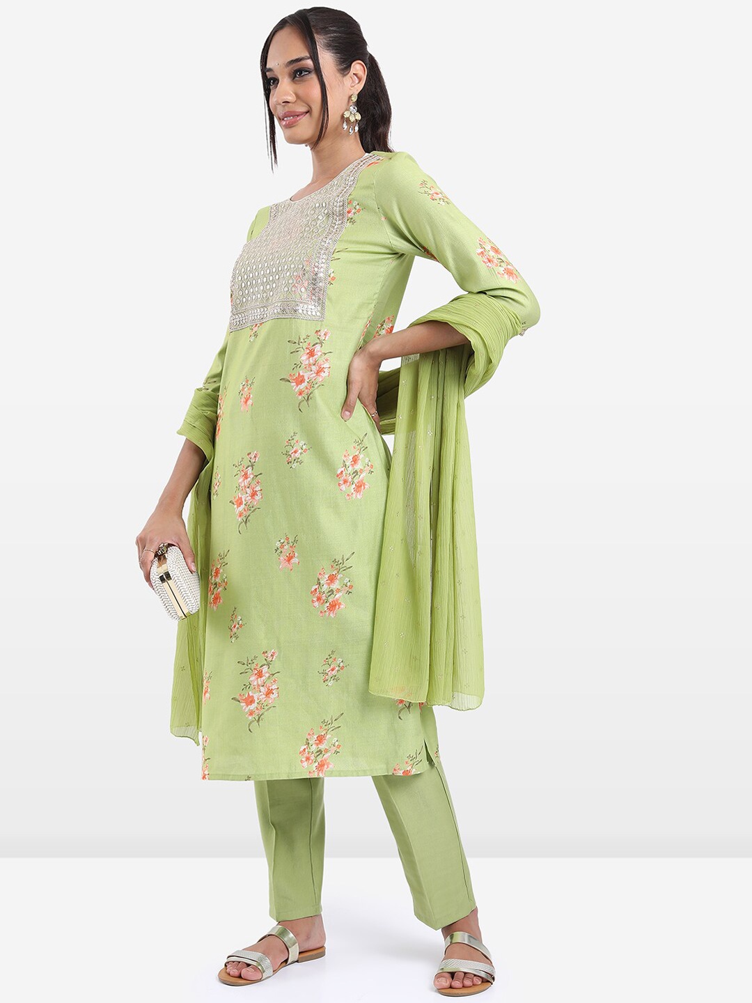 

KETCH Floral Printed Sequinned Kurta With Trousers & Dupatta, Green