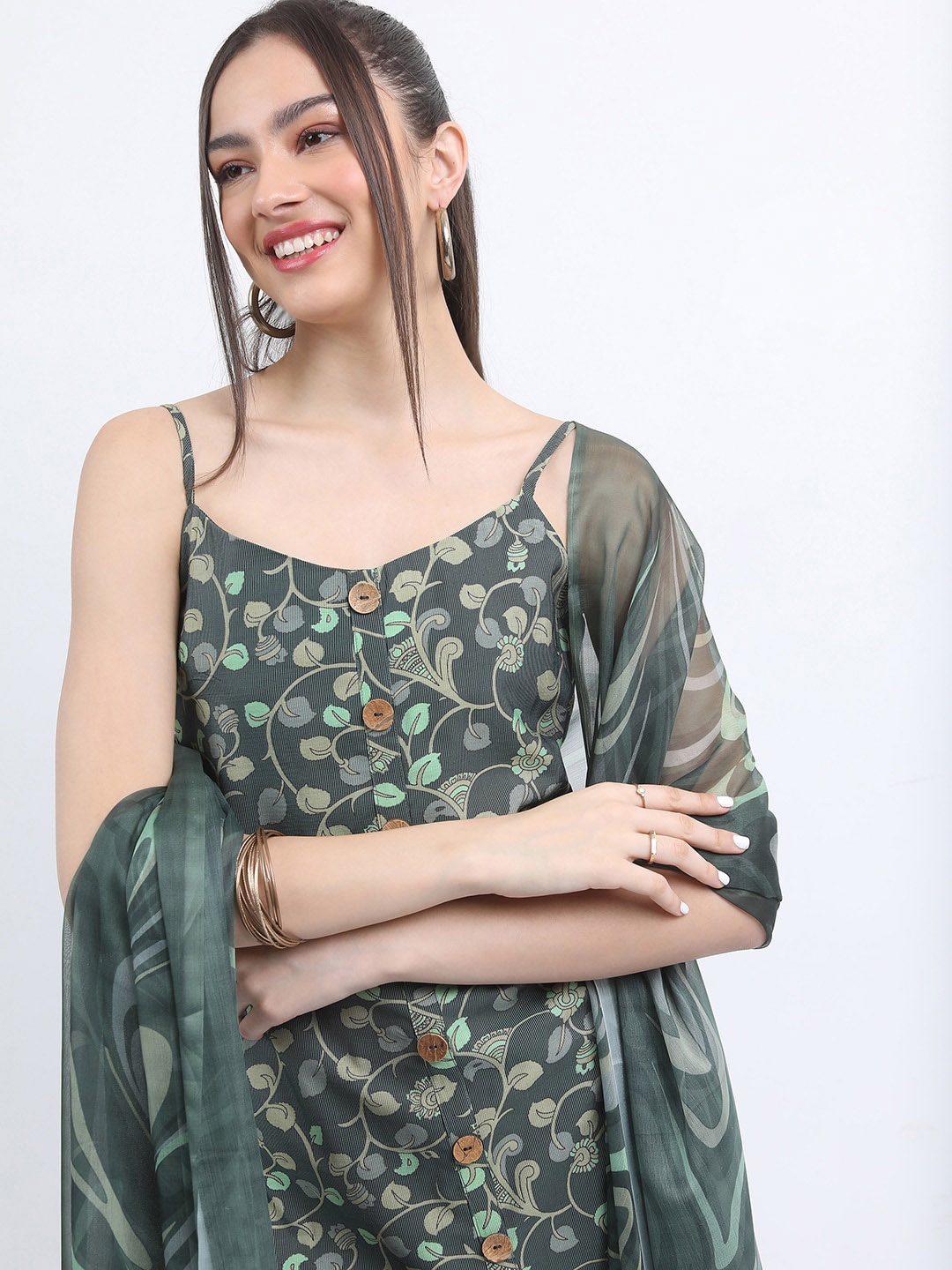 

KETCH Floral Printed Shoulder Straps Straight Kurta with Trousers & Dupatta, Green