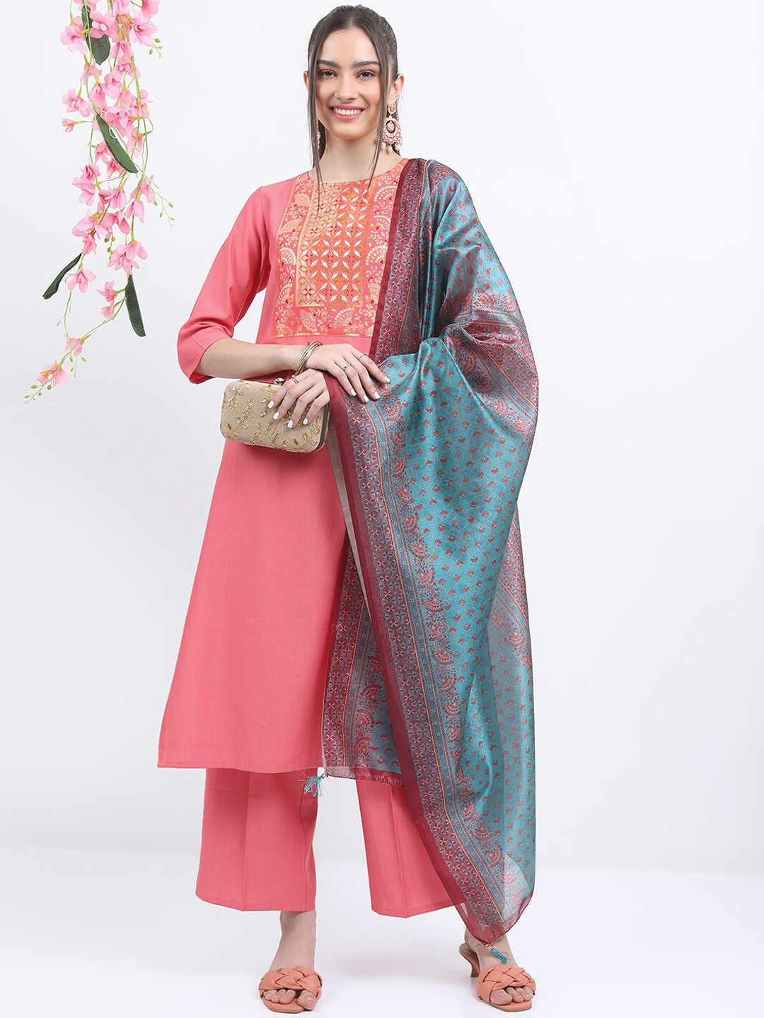 

KETCH Ethnic Motifs Printed Round Neck Kurta & Palazzos With Dupatta, Coral