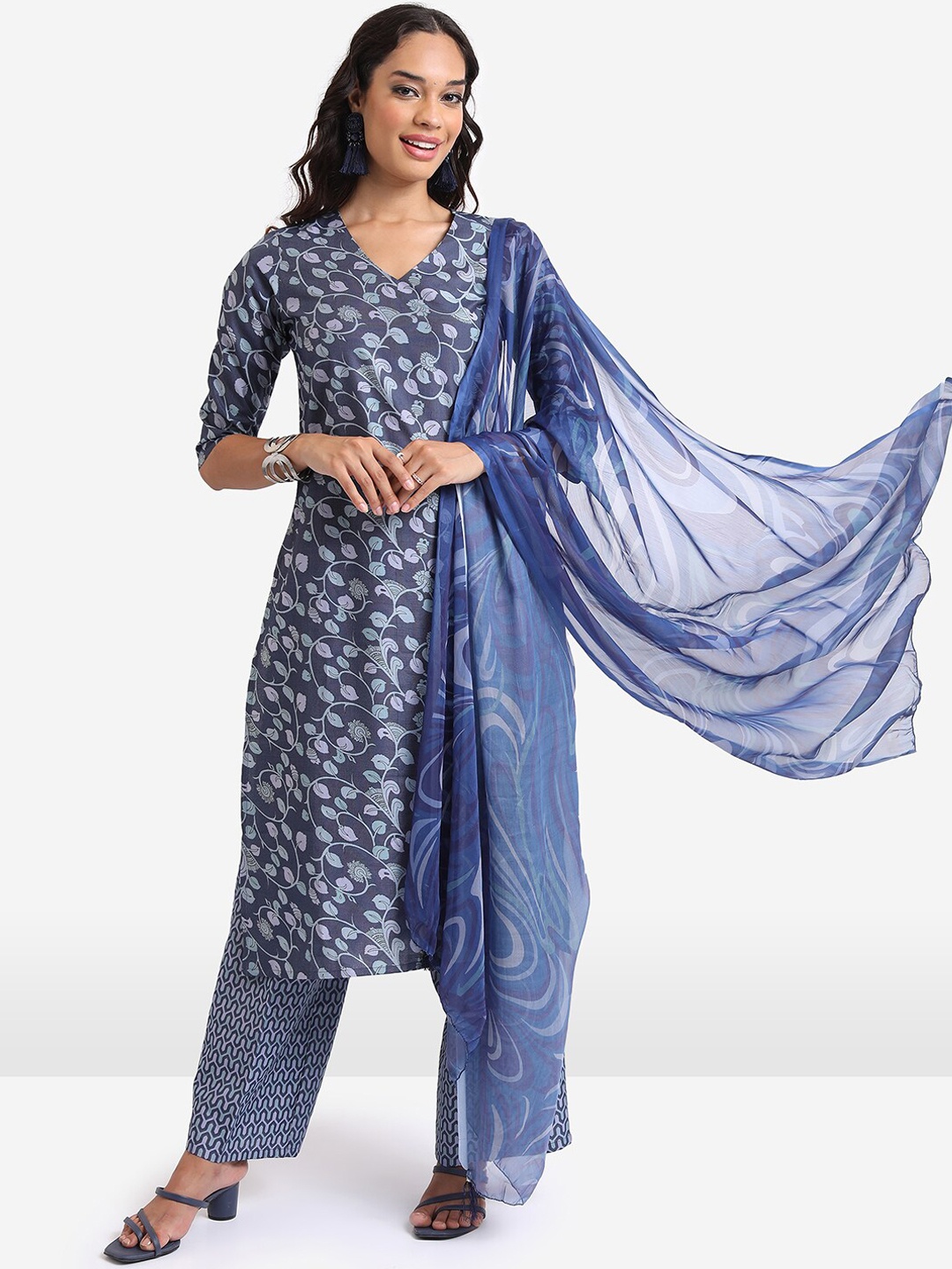 

KETCH Floral Printed V-Neck Kurta with Palazzos & Dupatta, Blue