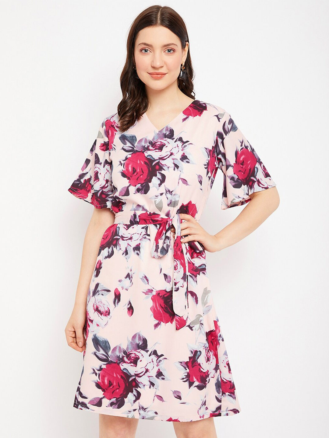 

Color Cocktail Floral Print Flared Sleeve Crepe Blouson Dress, Pink