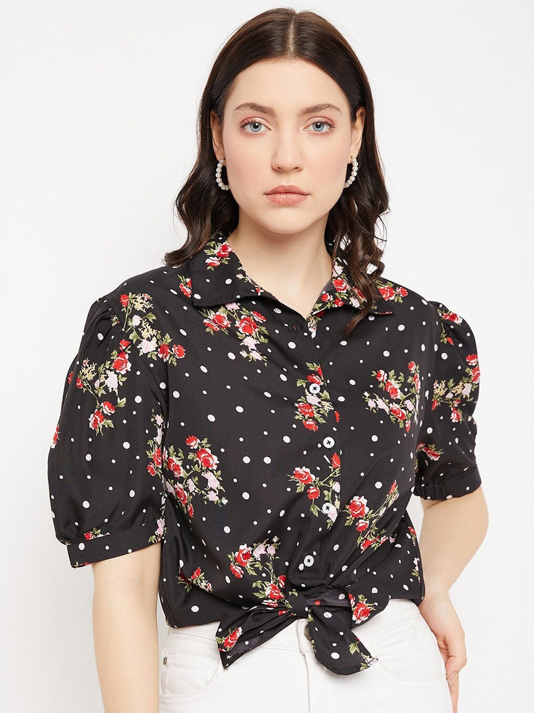 

Color Cocktail Floral Printed Puff Sleeves Waist Knotted Shirt Style Top, Black