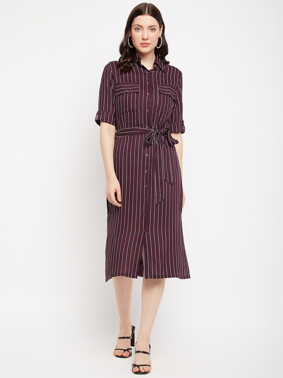

Color Cocktail Striped Shirt Midi Dress, Maroon