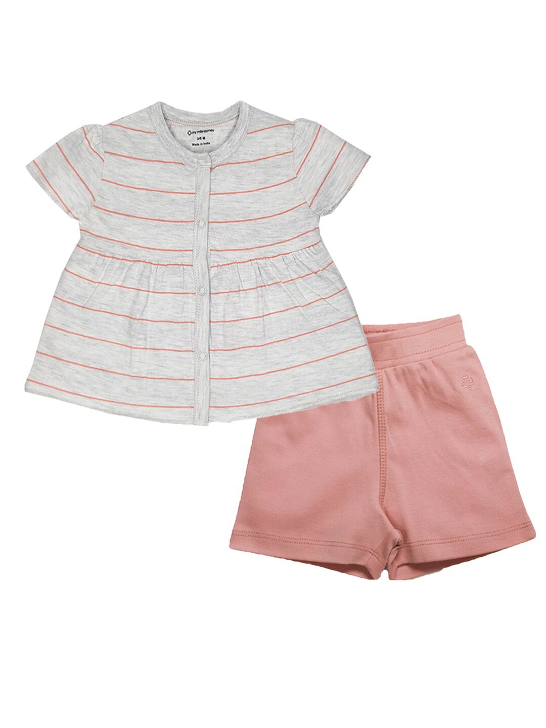 

My Milestones Girls Striped Pure Cotton Top with Shorts, Grey