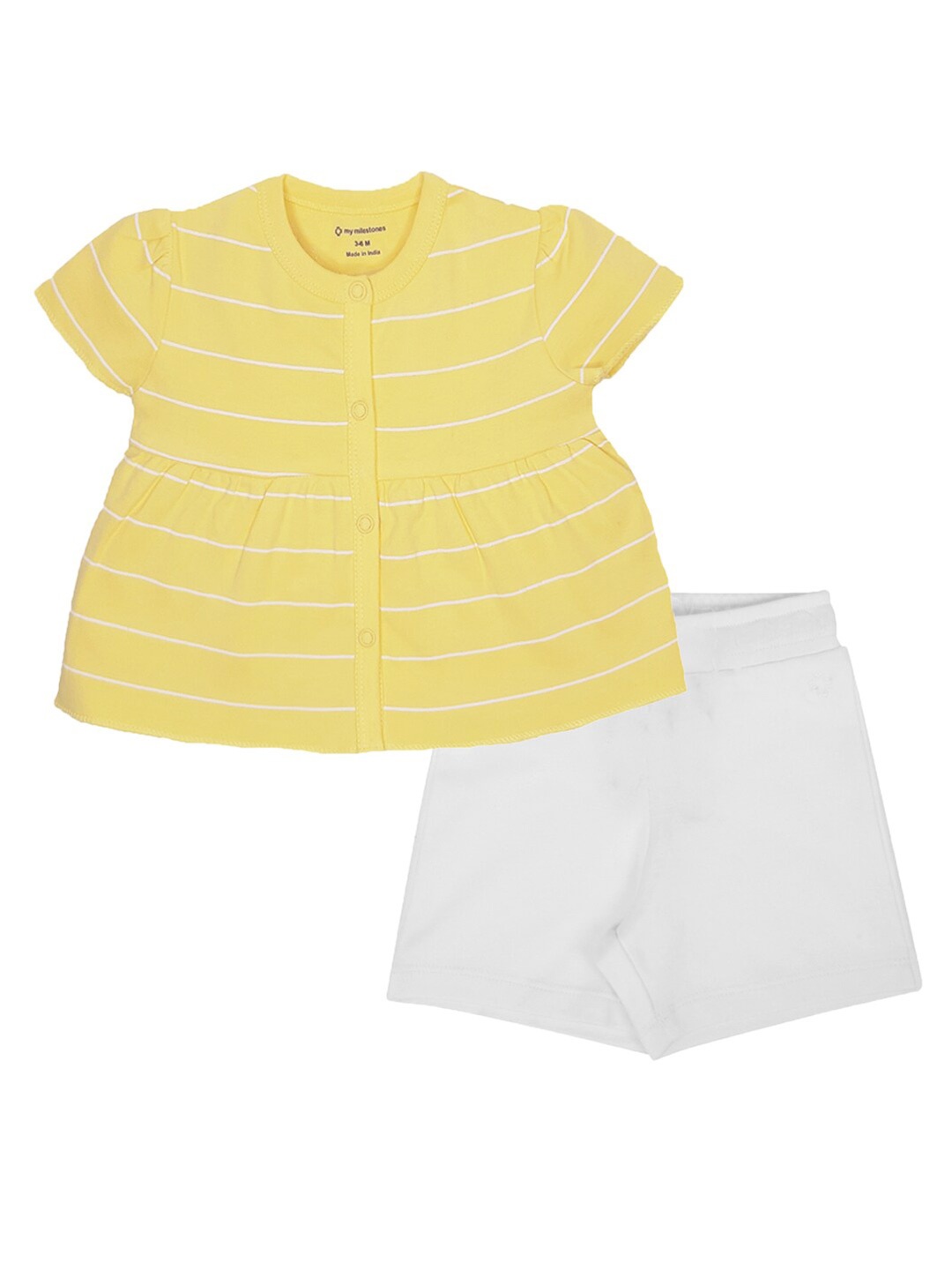 

My Milestones Infant Girls Striped Pure Cotton Round Neck Top with Shorts Clothing Set, Yellow