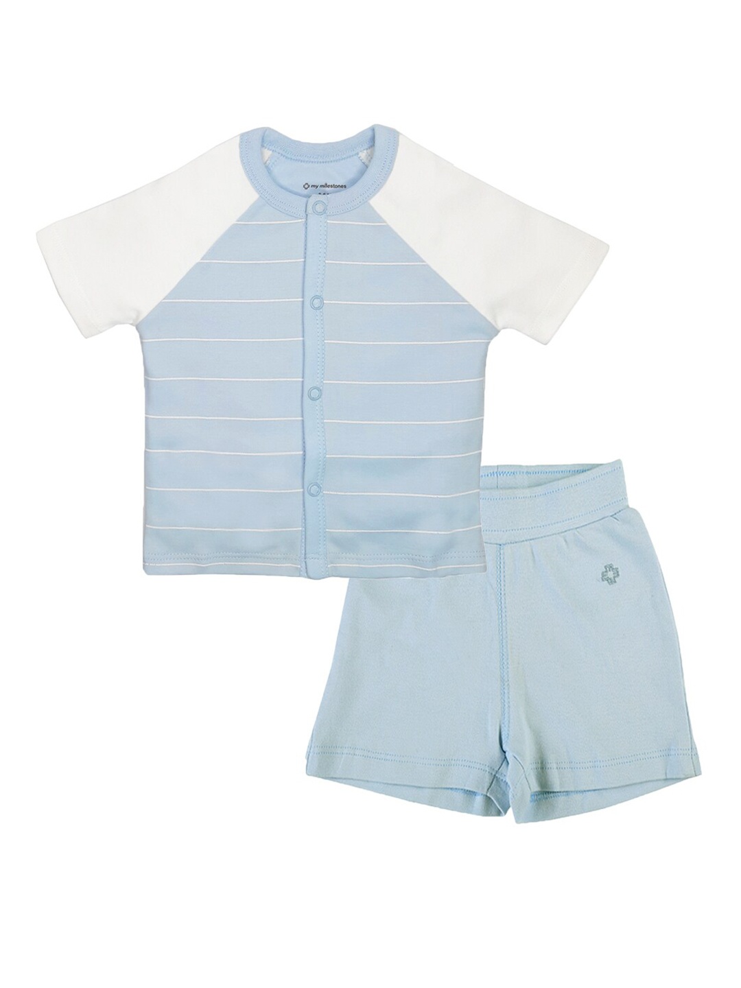 

My Milestones Infant Boys Striped Raglan Sleeves Pure Cotton T-shirt with Shorts, Blue