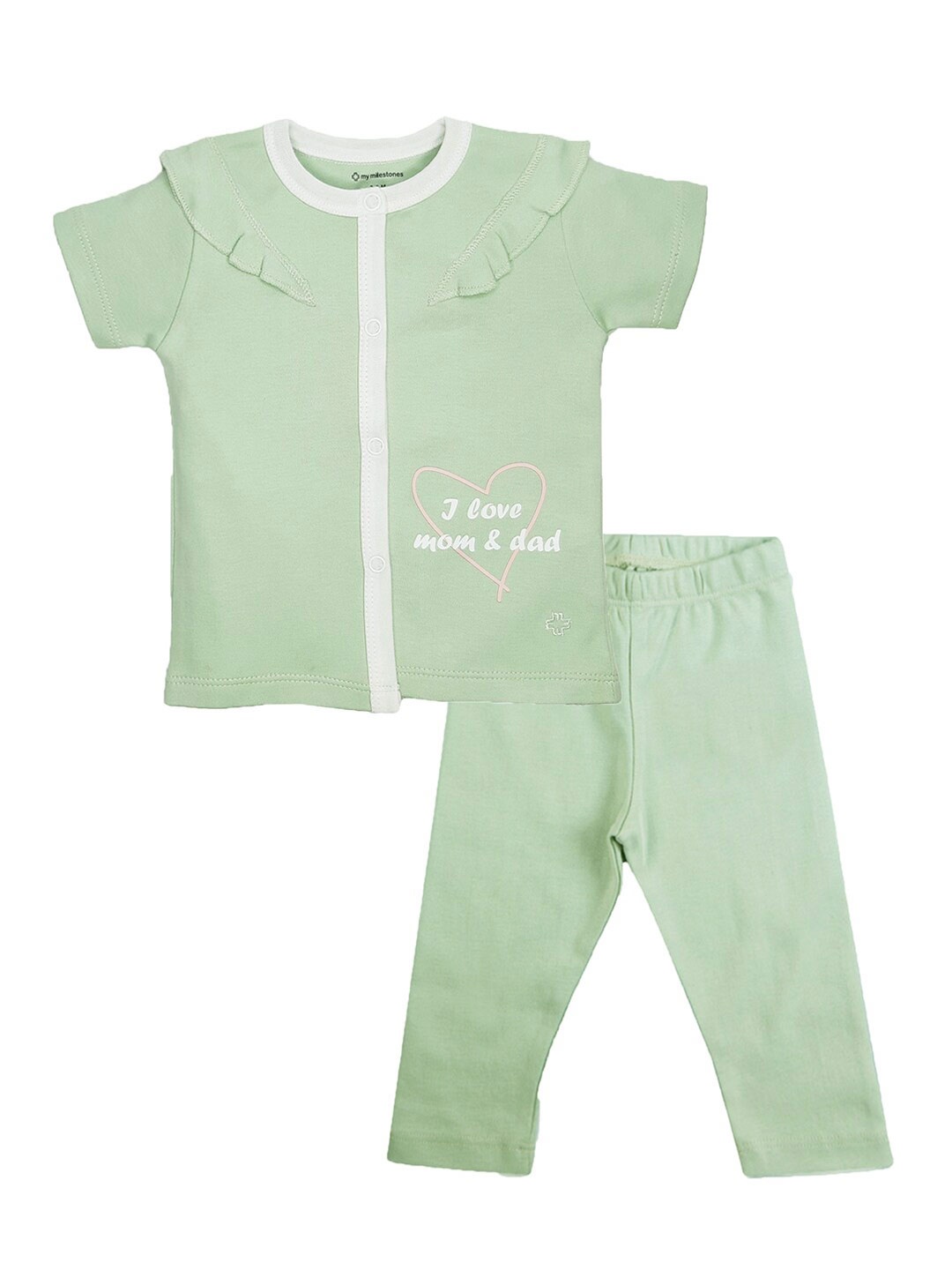 

My Milestones Infant Girls Pure Cotton Round Neck Top with Leggings Clothing Set, Sea green