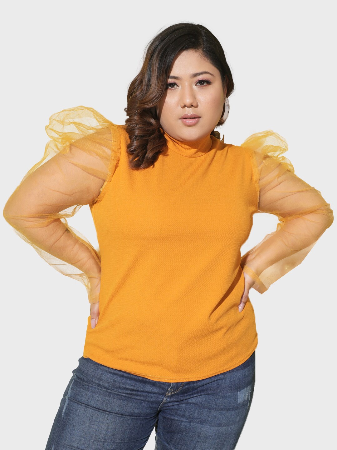 

BUY NEW TREND Plus Size Puff Sleeves High Neck Top, Yellow