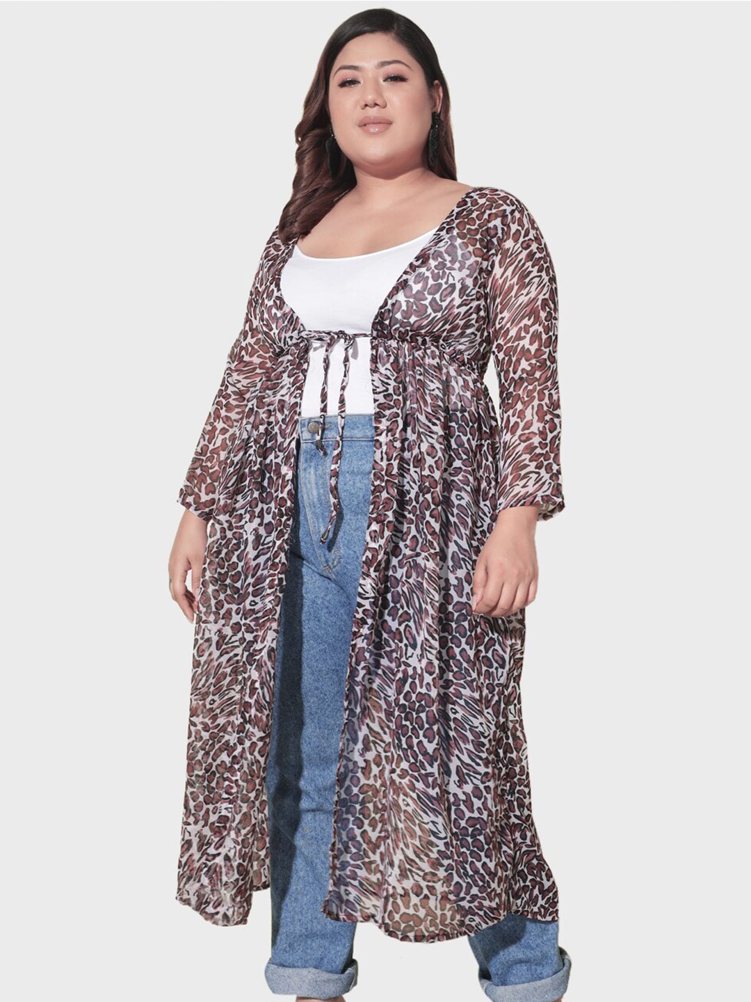 

BUY NEW TREND Plus Size Open Front Animal Printed Longline Georgette Shrug, Brown