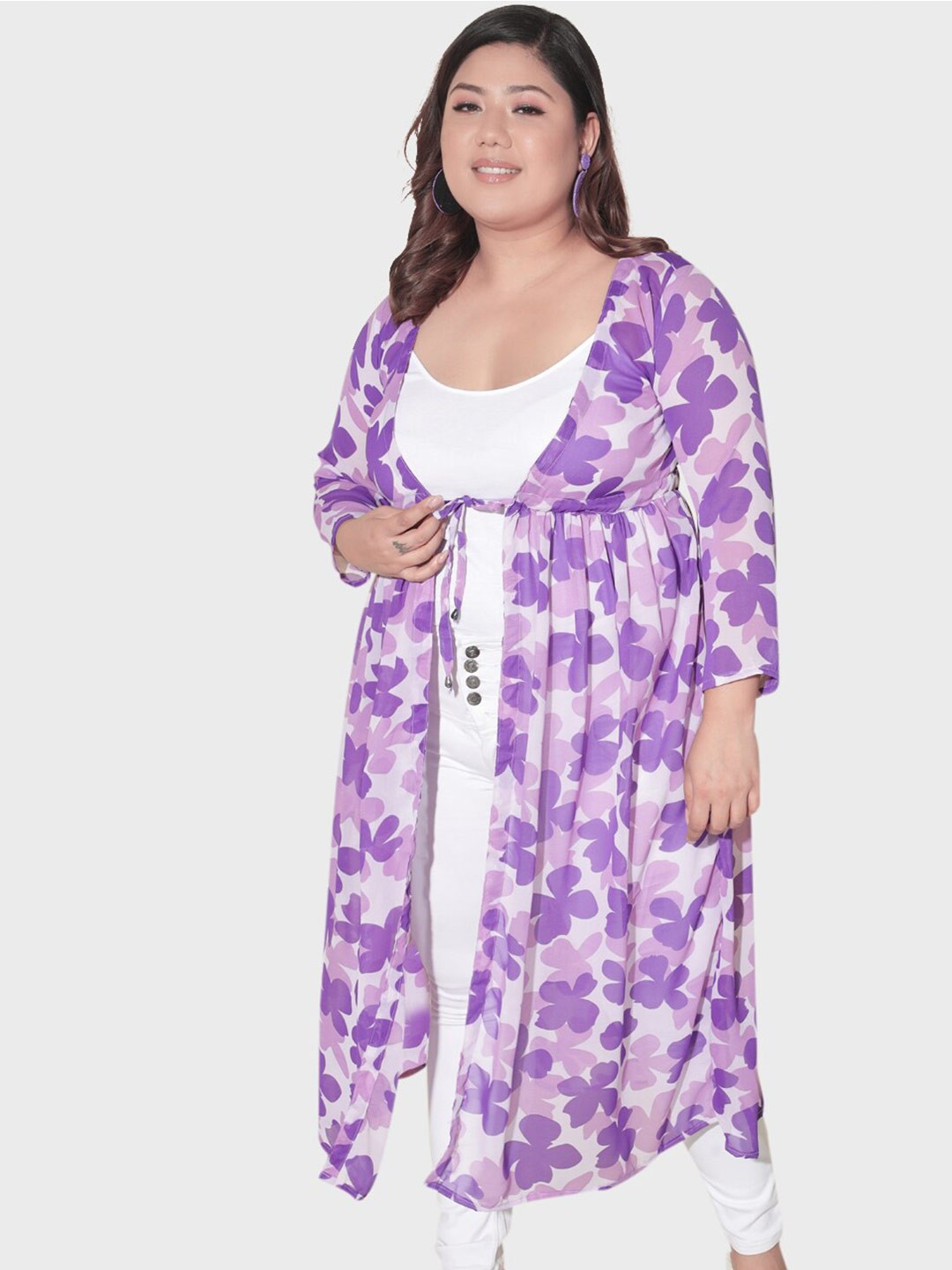 

BUY NEW TREND Plus Size Open Front Floral Printed Longline Georgette Shrug, Purple