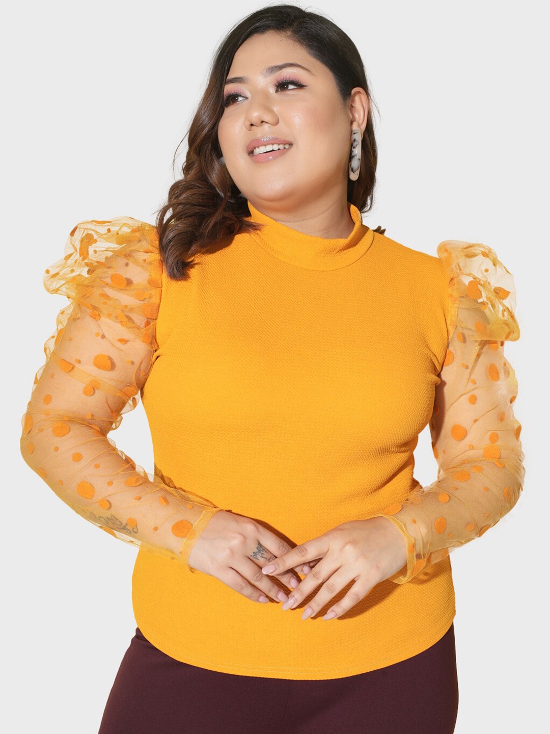 

BUY NEW TREND High Neck Long Puff Sleeves Zip Closure Top, Yellow