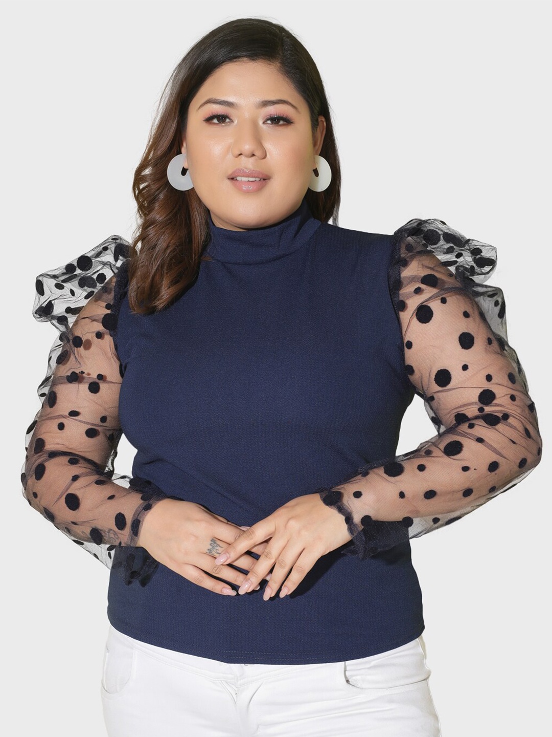 

BUY NEW TREND Plus Size High Neck Long Netted Puff Sleeves Top, Navy blue