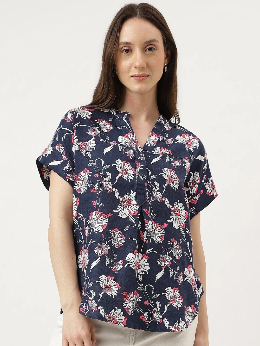 

Marks & Spencer Floral Printed Mandarin Collar Extended Sleeves Pure Linen Top, Navy blue