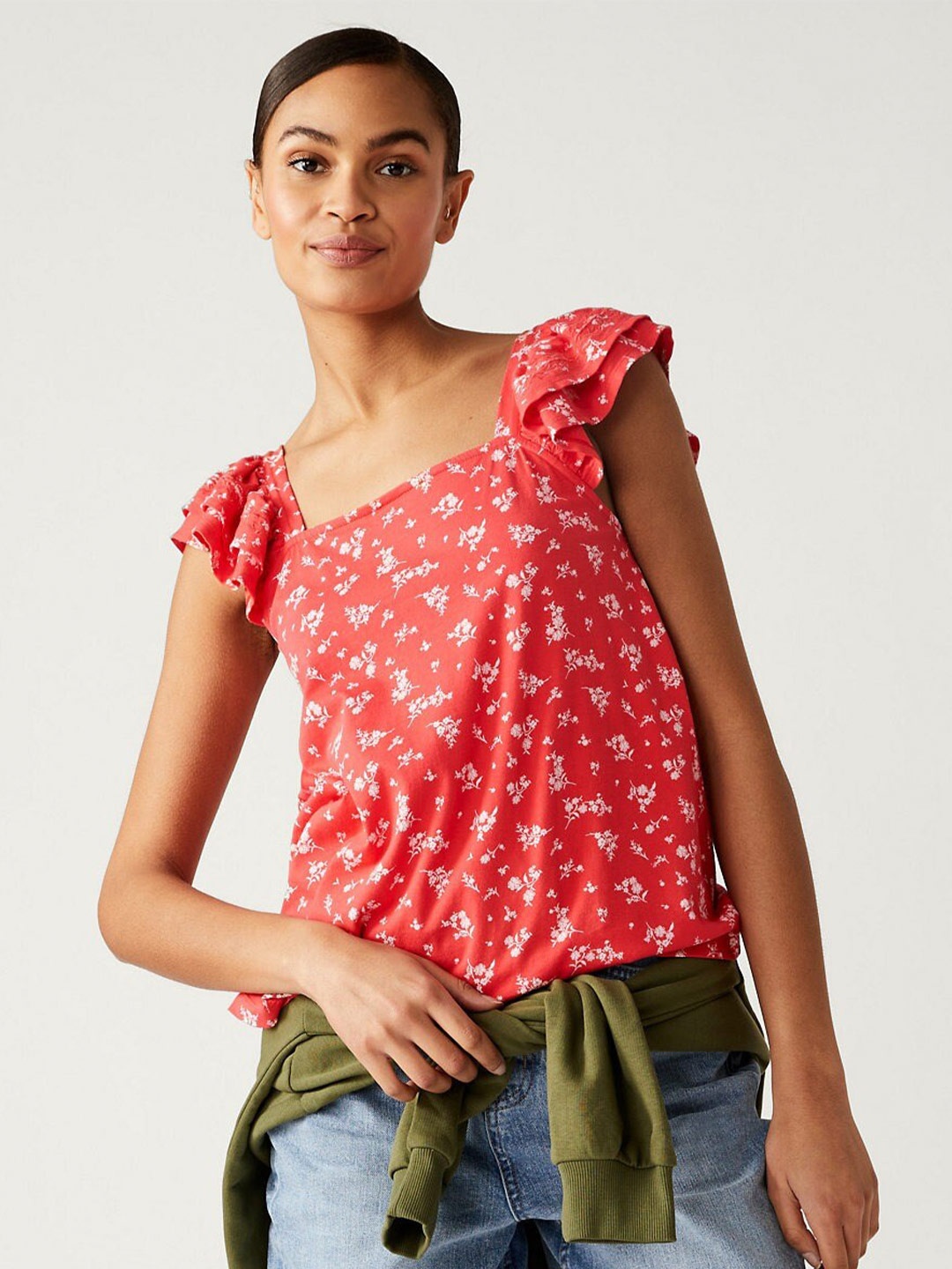 

Marks & Spencer Floral Printed Square Neck Flutter Sleeves Pure Cotton Top, Red