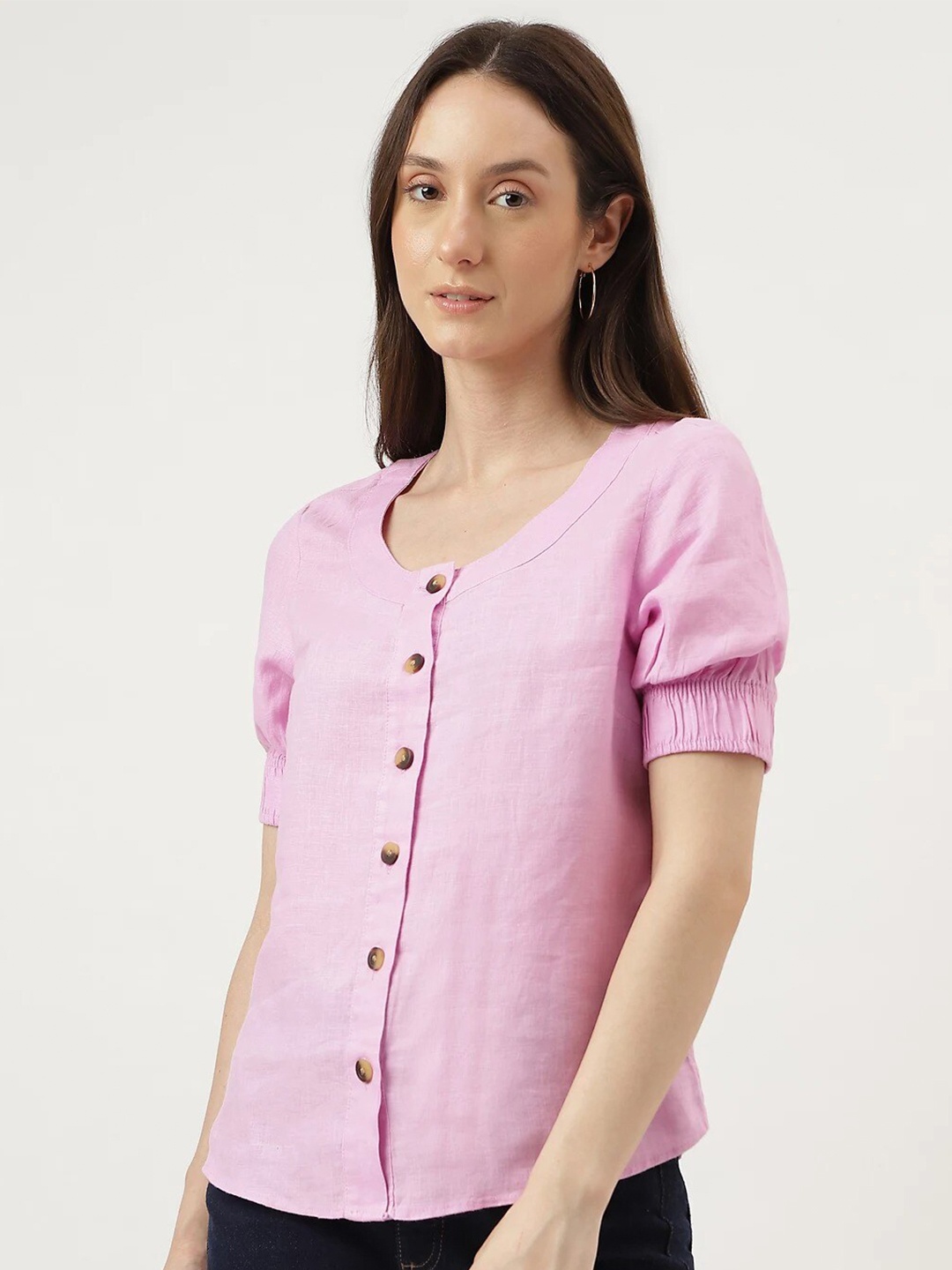 

Marks & Spencer Puff Sleeves Pure Linen Top, Magenta