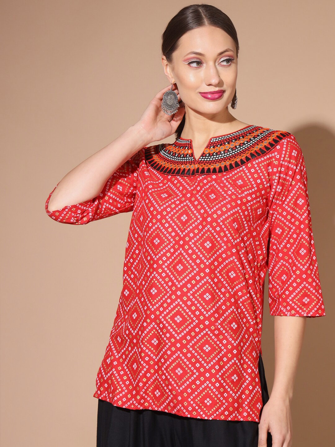 

BUY NEW TREND Bandhani Printed Styled Back Top, Red
