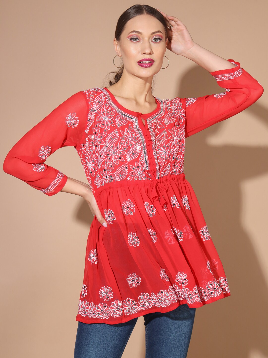 

BUY NEW TREND Chikankari Embroidered Flared Sleeves Pleated Kurti, Red
