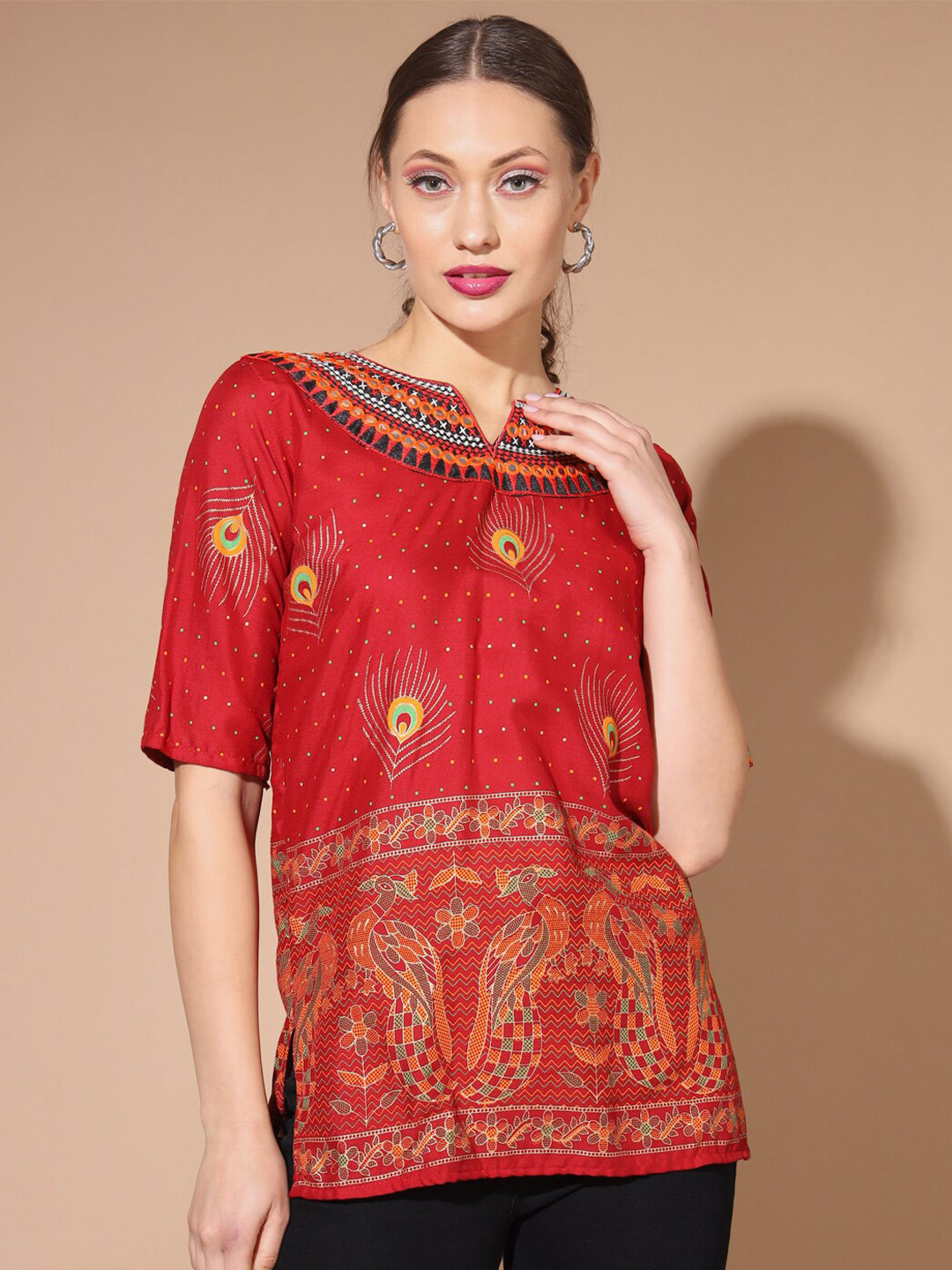 

BUY NEW TREND Embroidered Ethnic Motifs Printed Round Neck Short Sleeves Top, Maroon