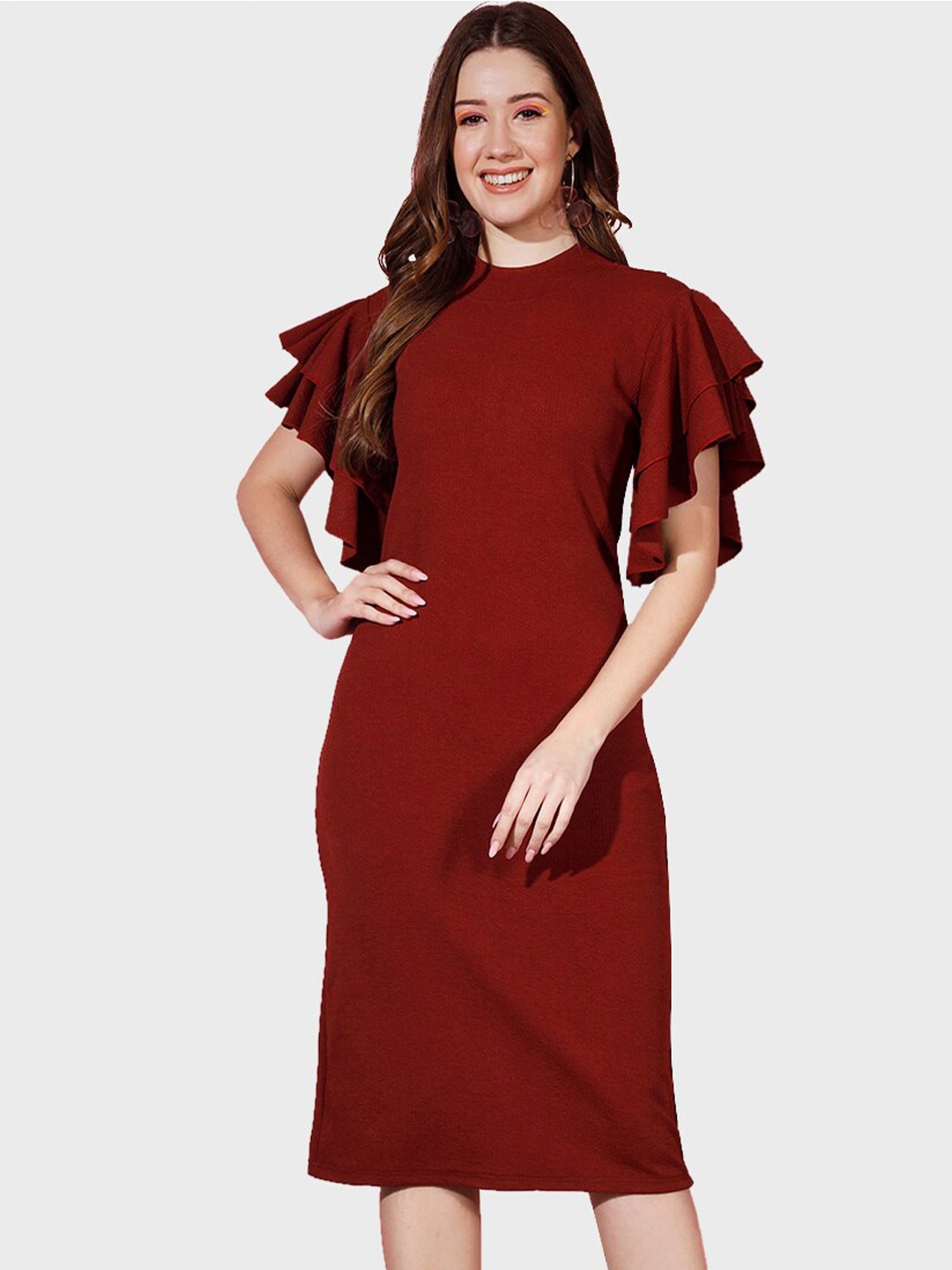 

BUY NEW TREND Flutter Sleeve Sheath Midi Dress, Maroon