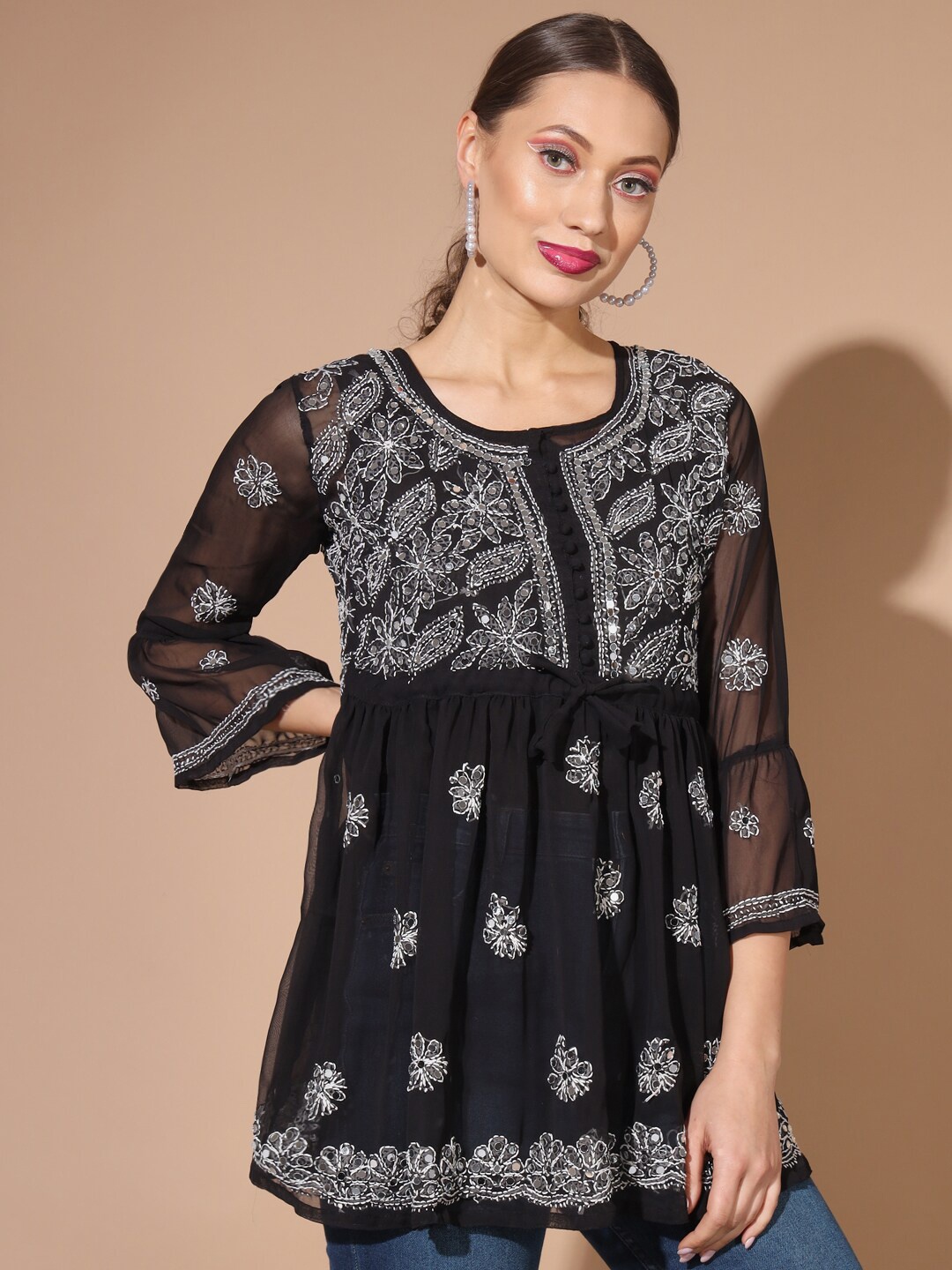 

BUY NEW TREND Chikankari Embroidered Flared Sleeves Pleated Kurti, Black