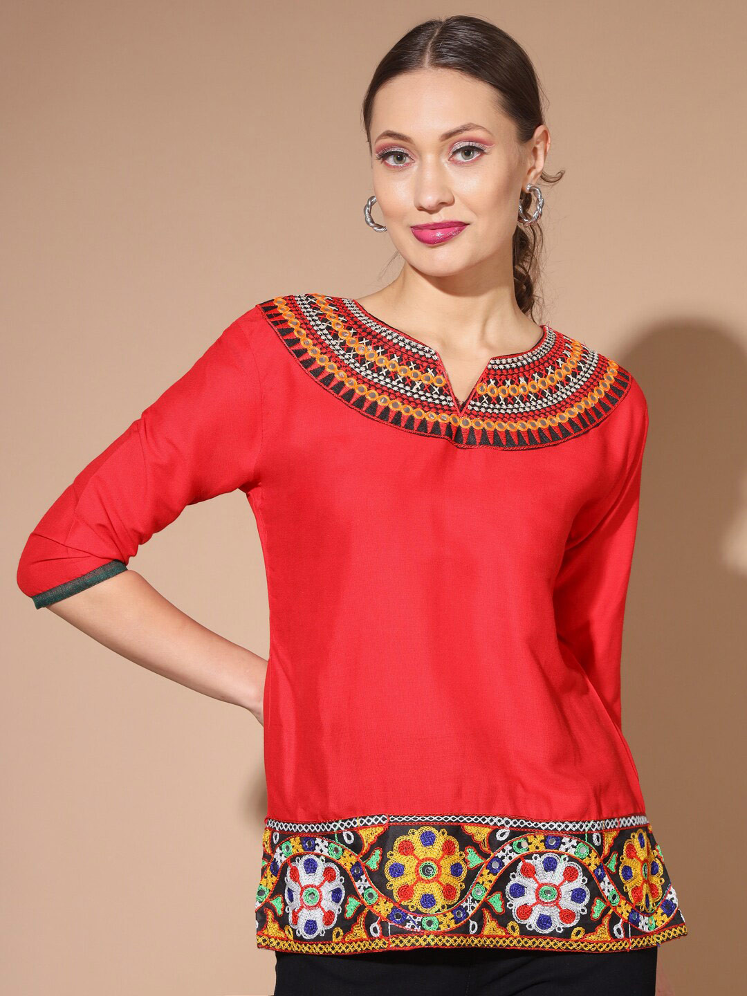 

BUY NEW TREND Embroidered Three-Fourth Sleeves Styled Back Top, Red