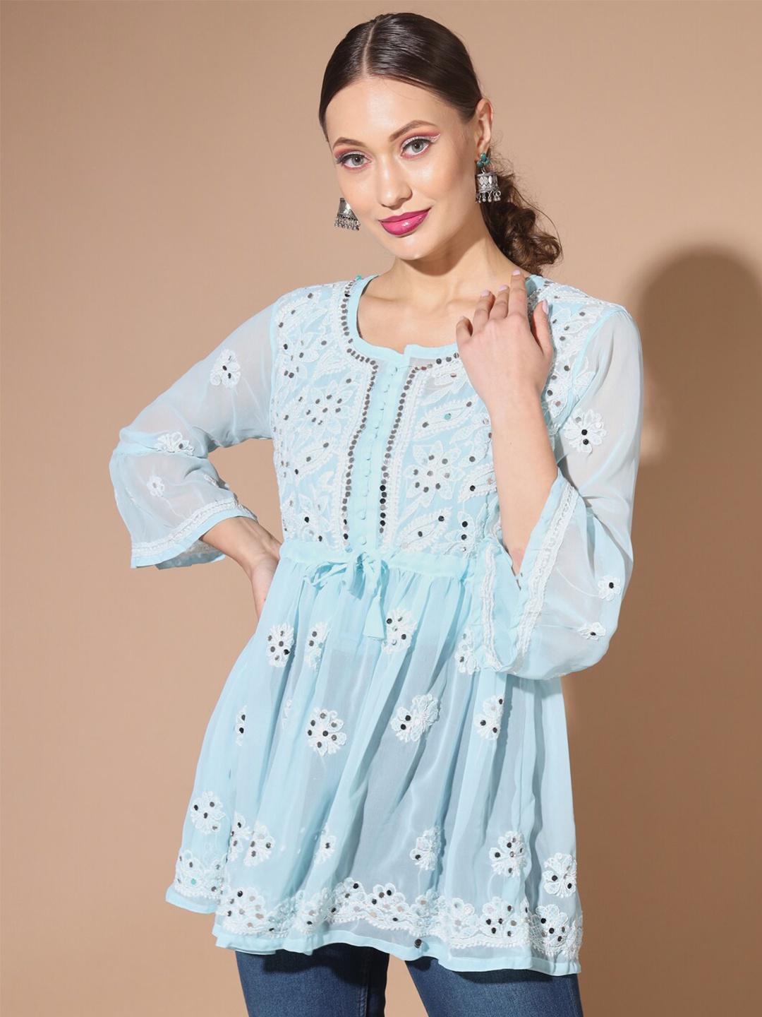 

BUY NEW TREND Chikankari Embroidered Flared Sleeves Pleated Kurti, Blue