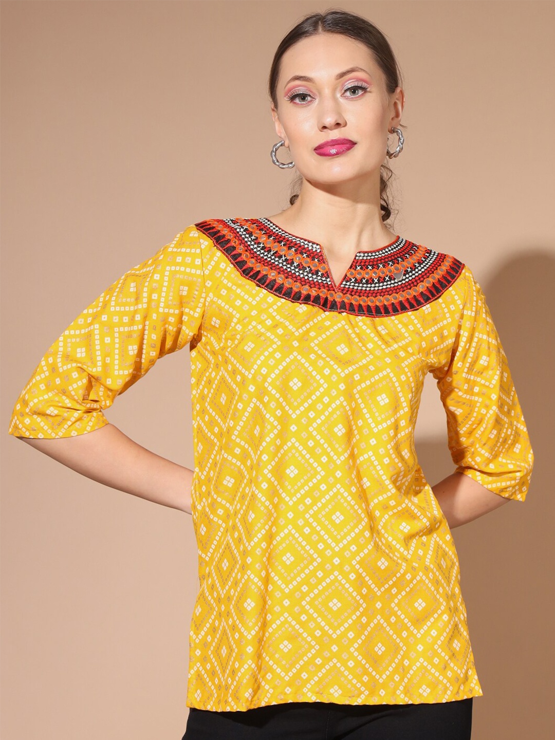 

BUY NEW TREND Embroidered Ethnic Motifs Printed Top, Yellow