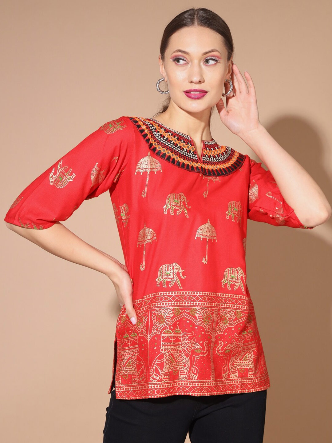 

BUY NEW TREND Red Floral Print Styled Back Top