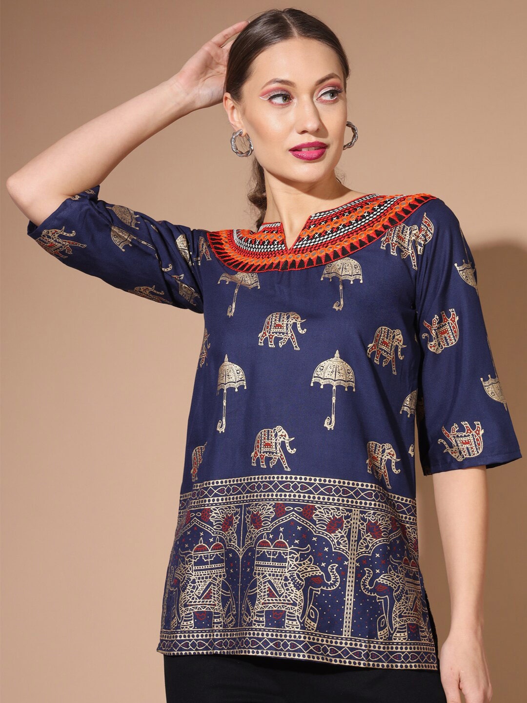 

BUY NEW TREND Embroidered Ethnic Motifs Printed Top, Navy blue