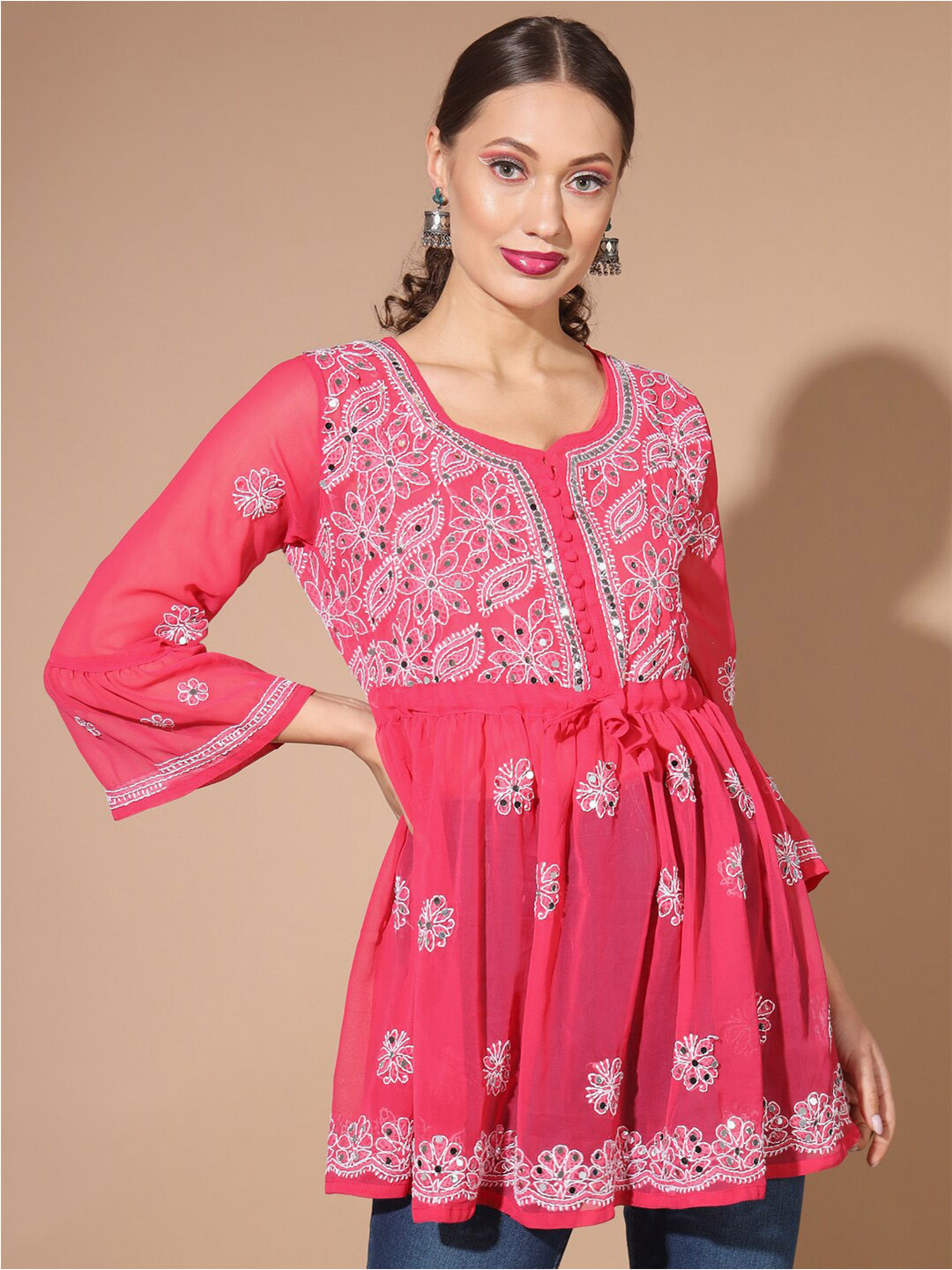 

BUY NEW TREND Pink & White Ethnic Motifs Embroidered Flared Sleeves Empire Kurti