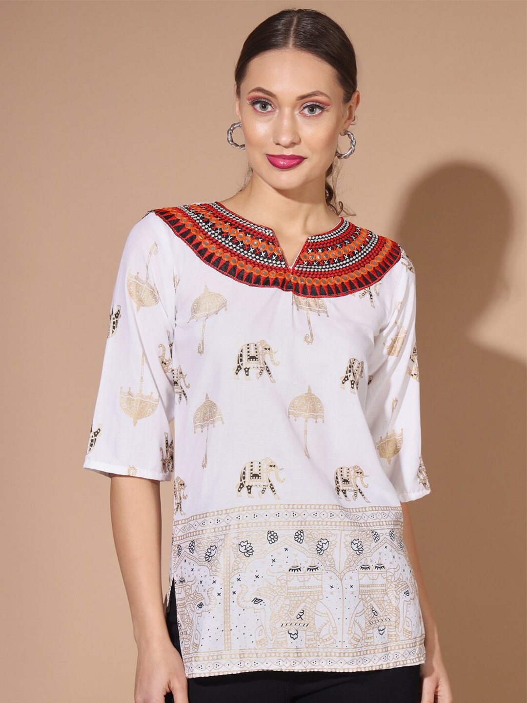 

BUY NEW TREND Embroidered Ethnic Motifs Printed Round Neck Short Sleeves Top, White