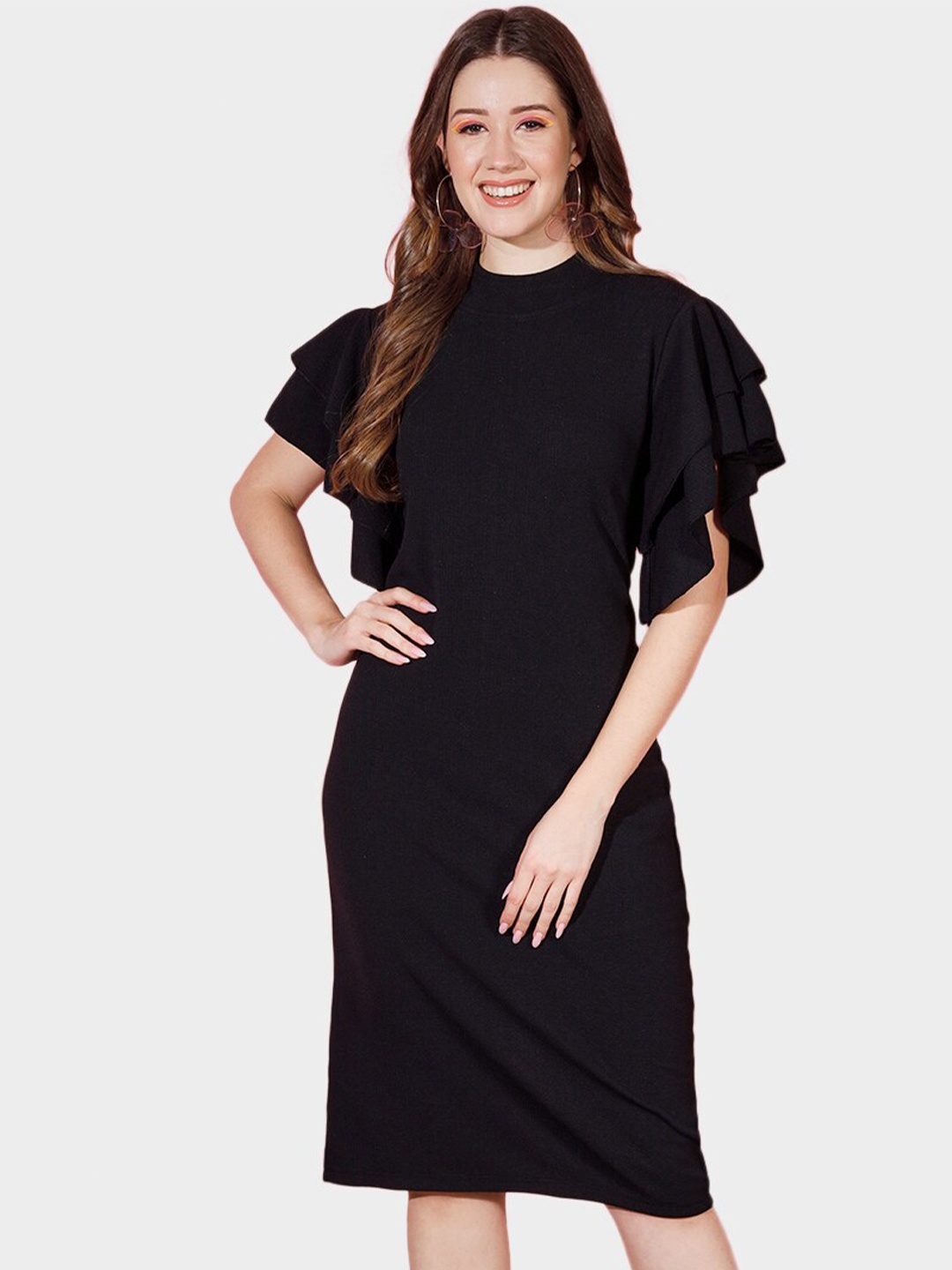 

BUY NEW TREND Flutter Sleeve Sheath Midi Dress, Black