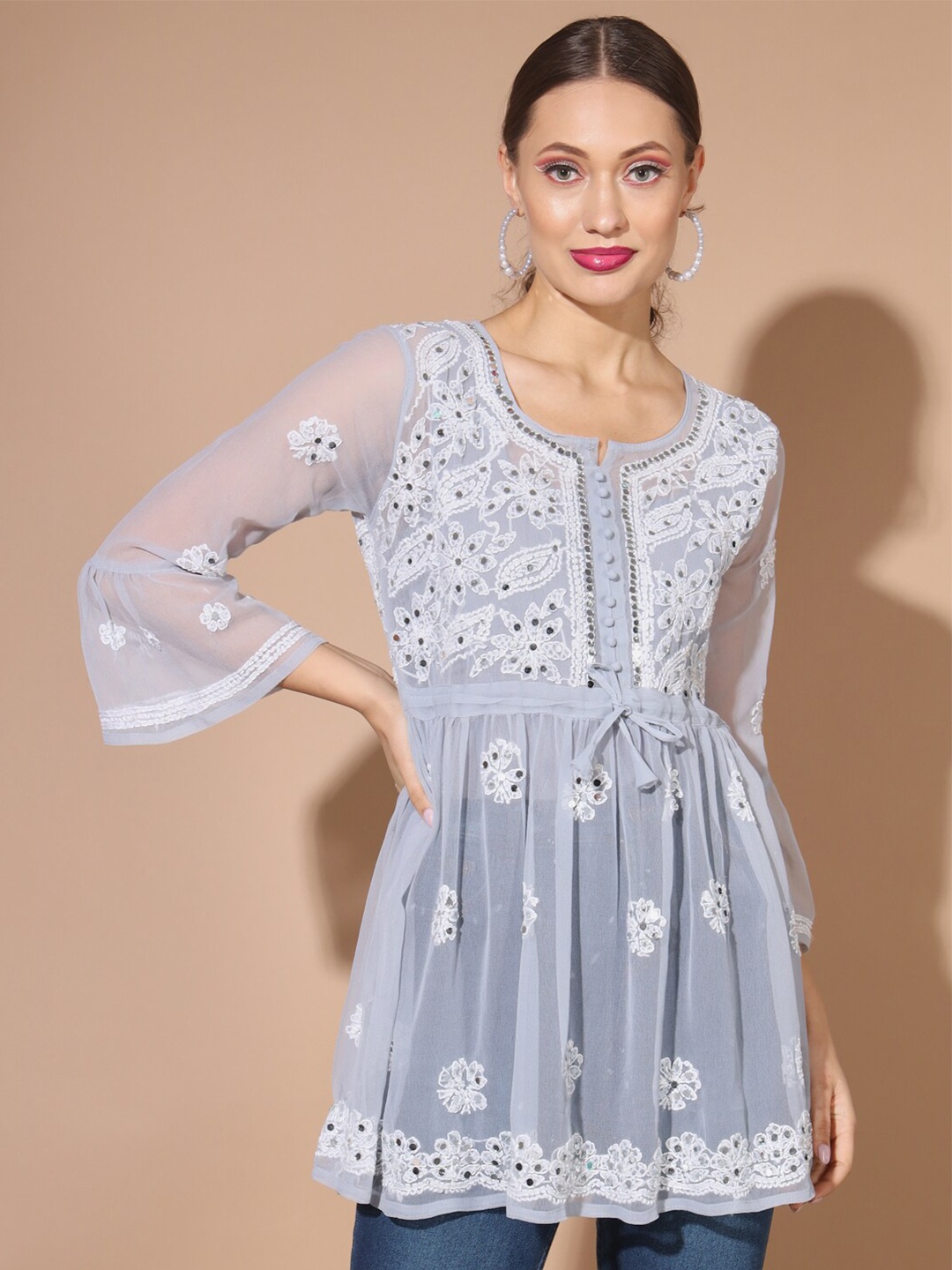 

BUY NEW TREND Chikankari Embroidered Flared Sleeves Pleated Kurti, Purple